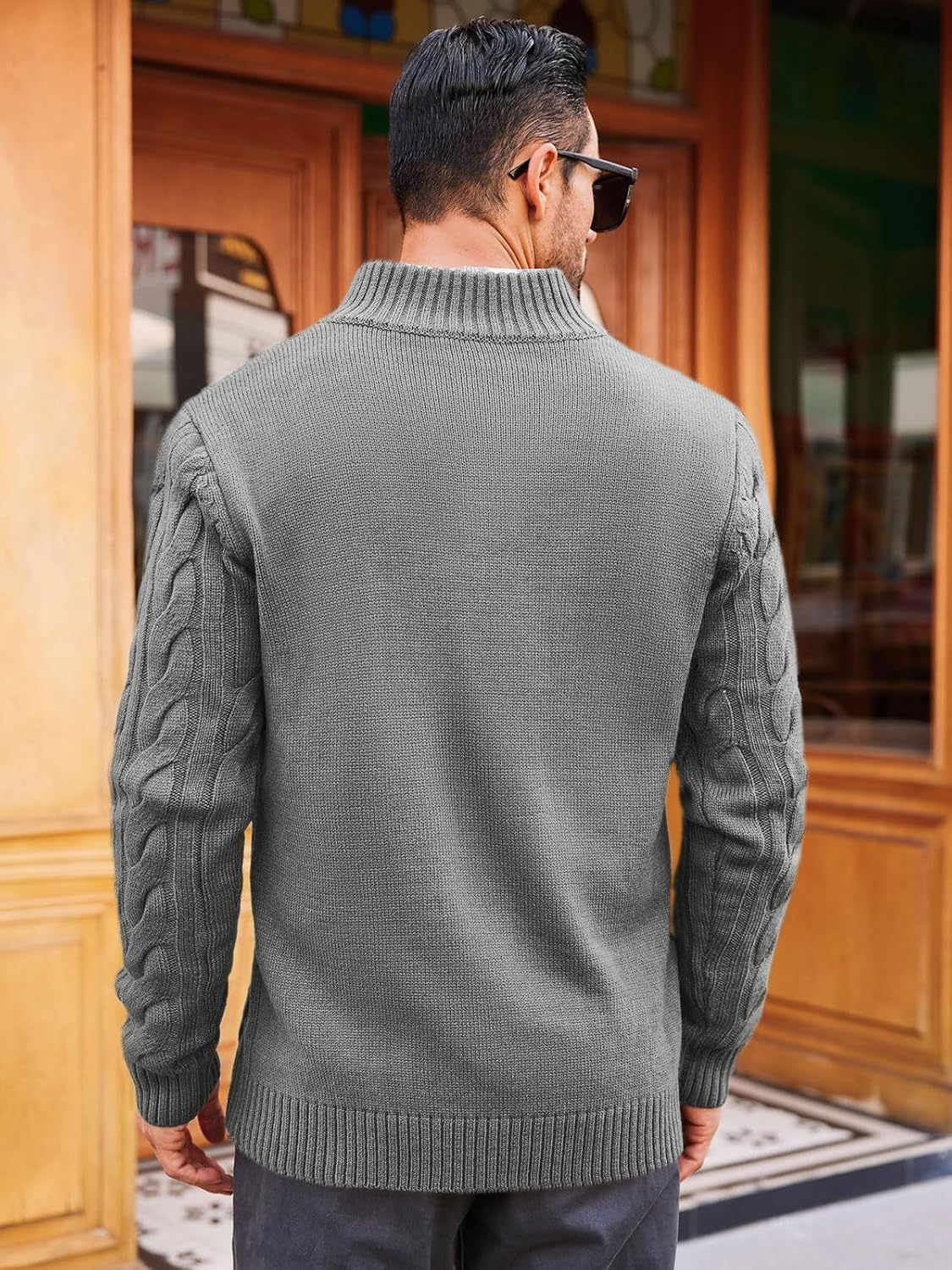 Runcati Mens Cable Knit Pullover Sweater Casual Stand Collar Chunky Buttons Fall Winter Sweaters - Image 3