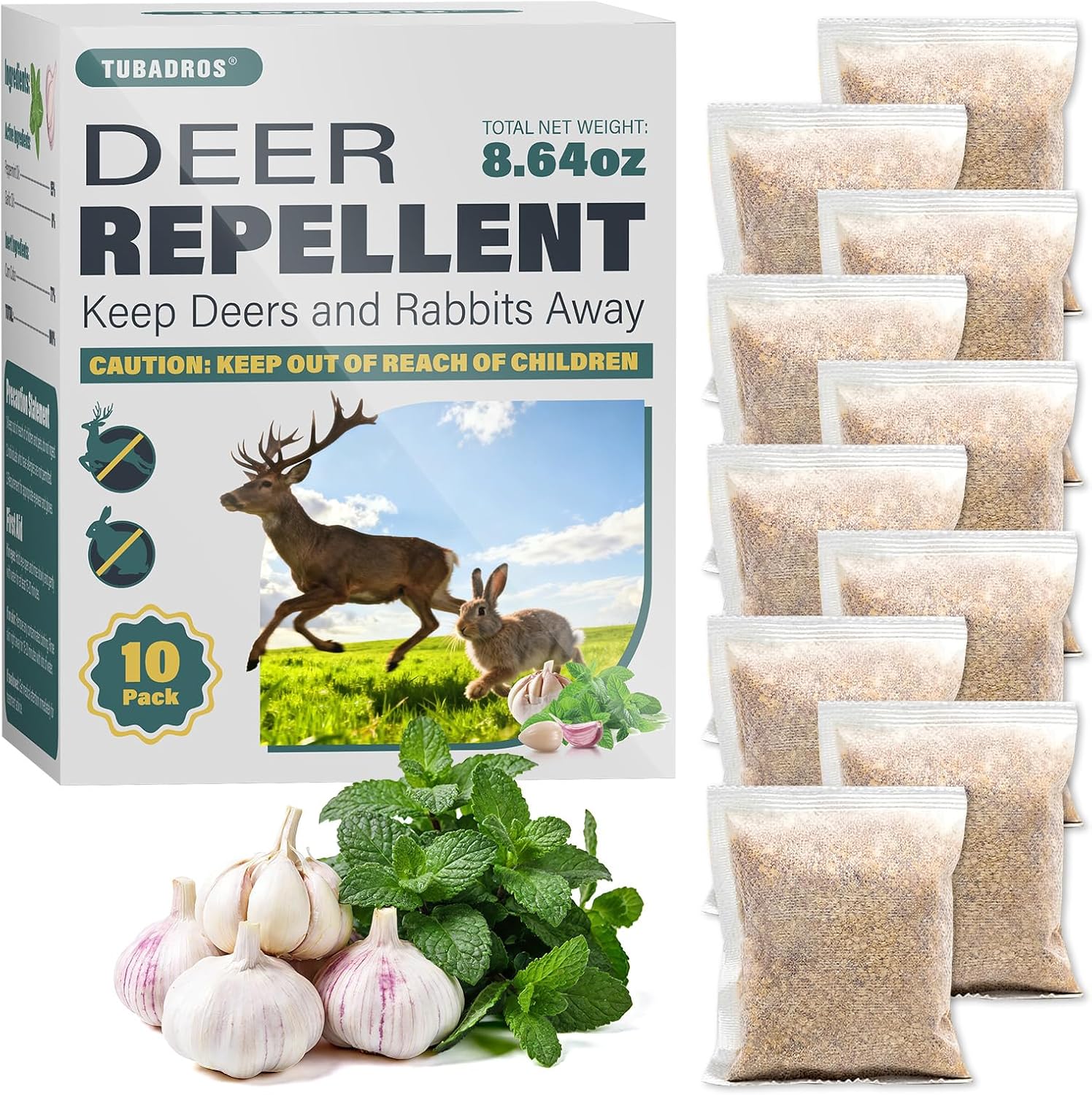 Deer & Rabbit Repellent Pouches, 10-Pack Long-Lasting Outdoor Protection, Natural Peppermint & Garlic Oil Formula, Safe for Family & Pets