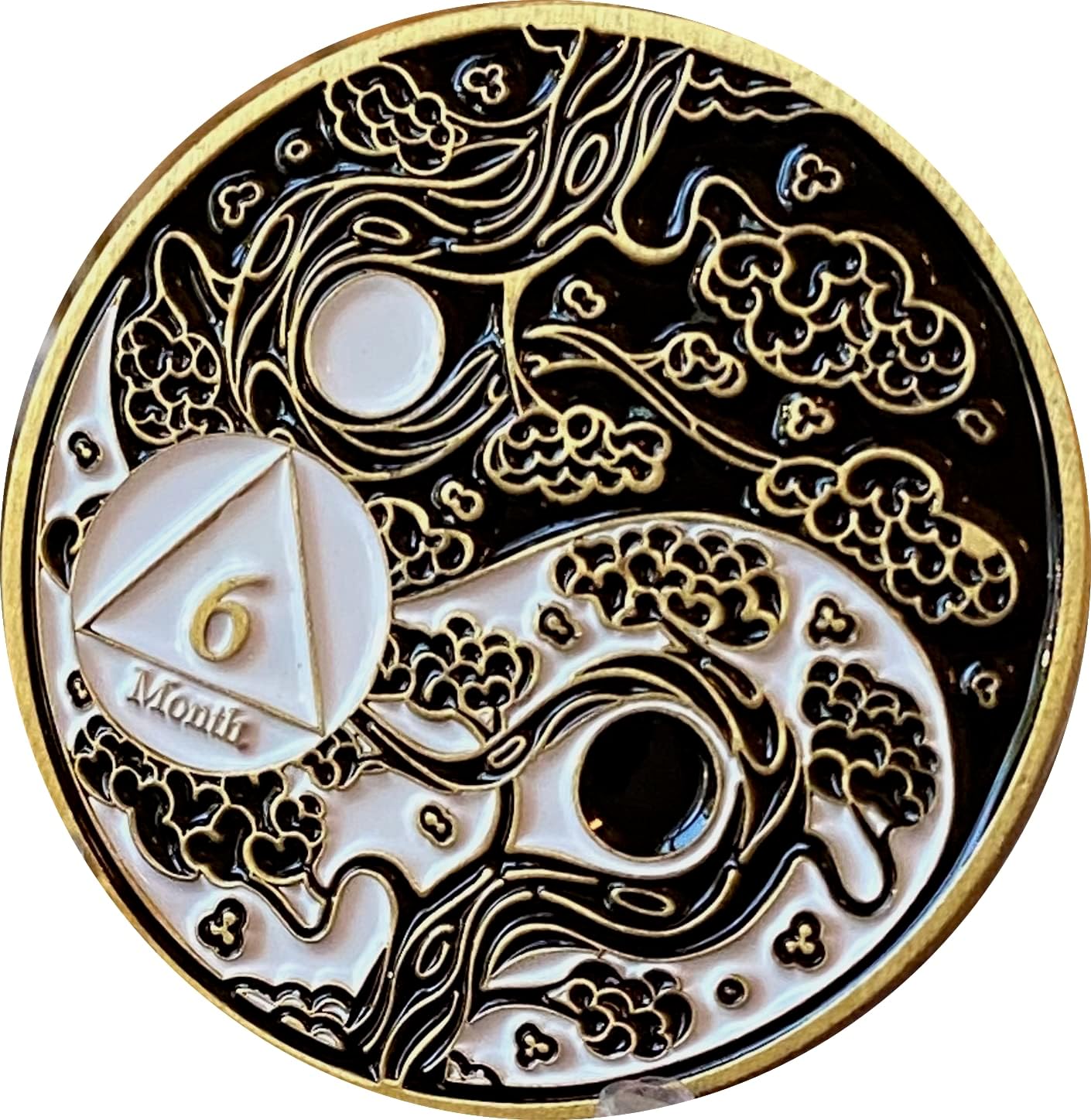 RecoveryChip 6 Month AA Medallion Sakura Tree Cherry Blossom Ying Yang Black and White Serenity Prayer Medallion