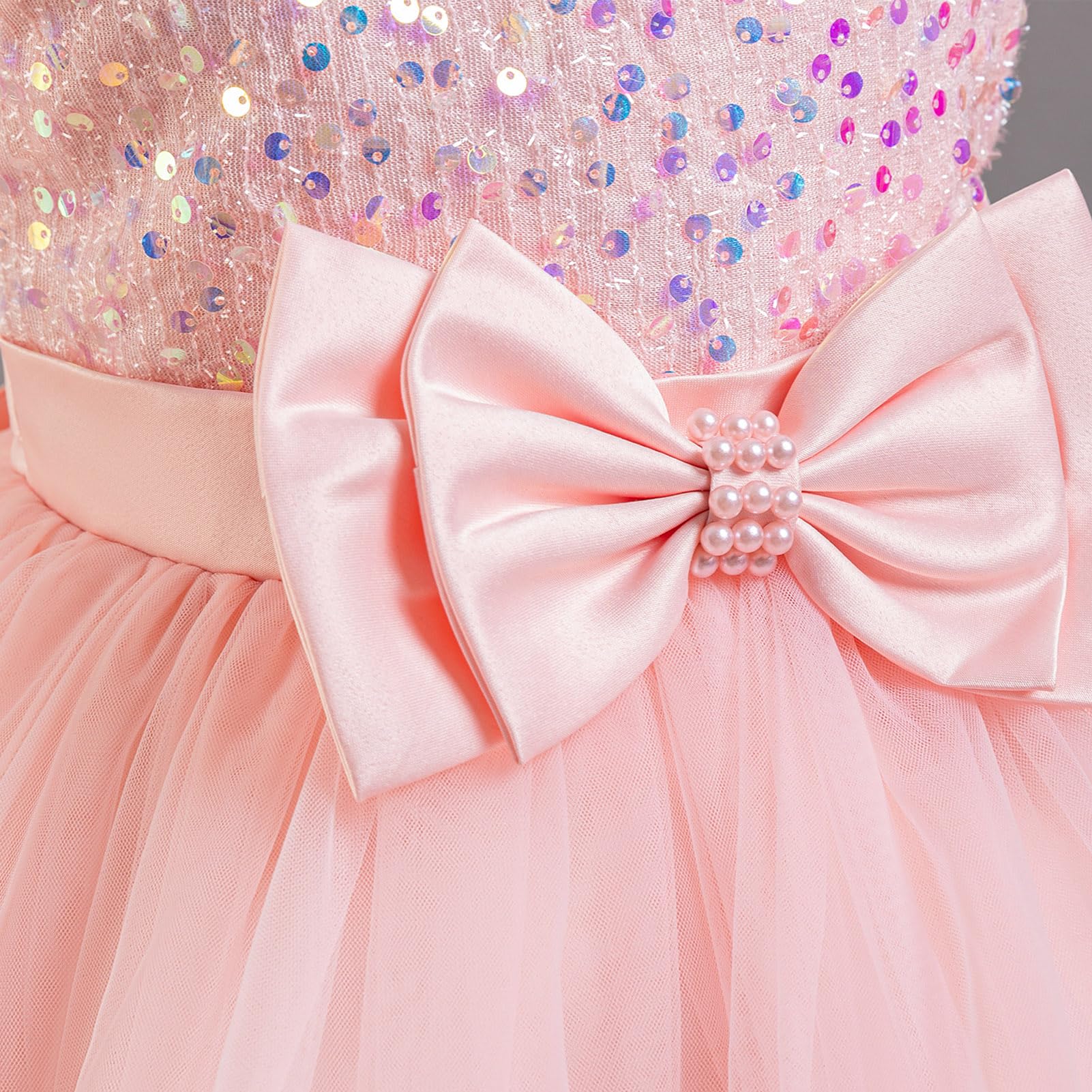 IDOPIP Enfant Fille Robe De Soirée Sequins Bowknots Tulle sans Manches Anniversaire Noeud Papillon Robe pour La Fête