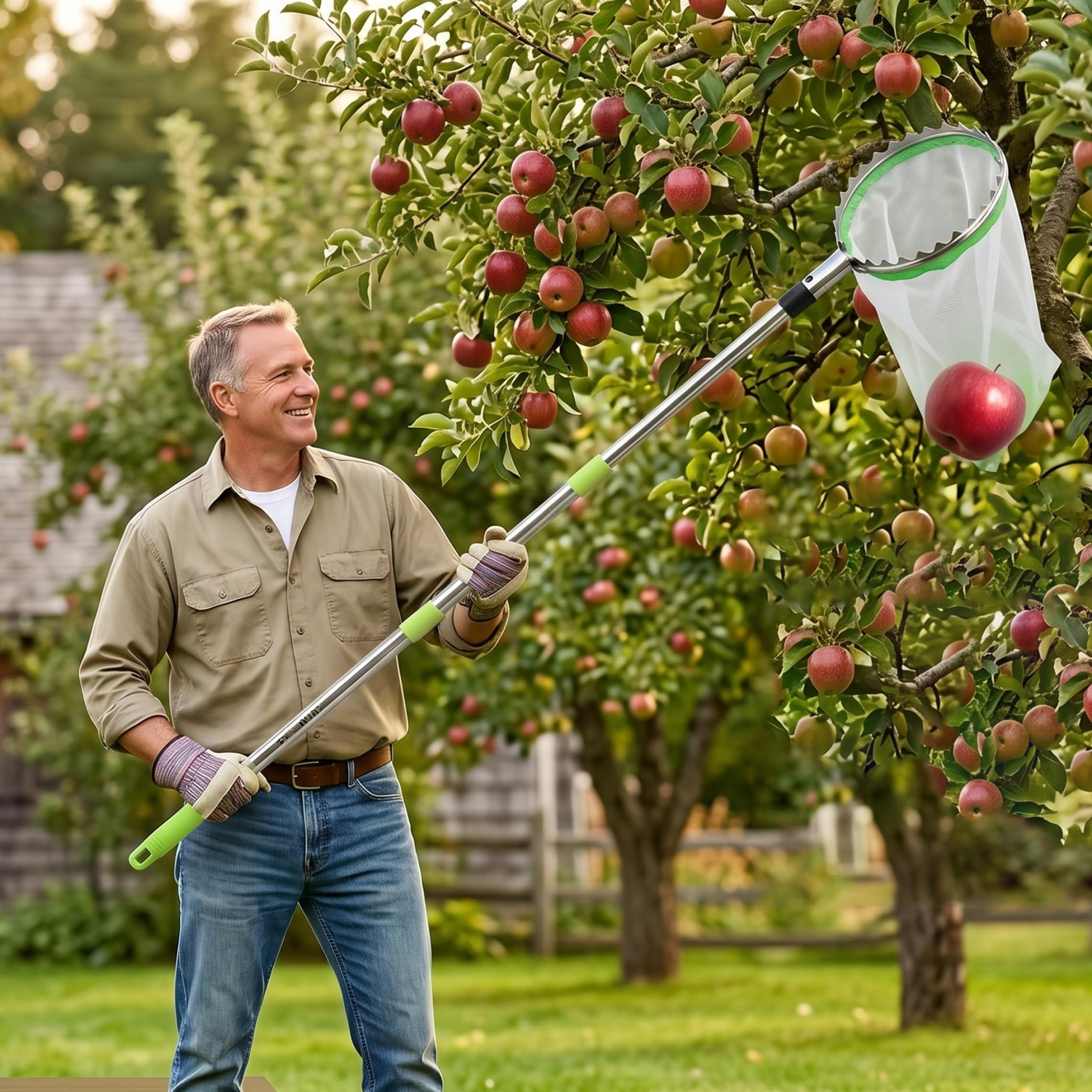 Recogedor de Frutas, Poste recolector de Frutas telescópico de 10 Secciones con Cesta: se extiende hasta 4 m/13, 12 pies, portátil para Manzanas, ciruelas, Plateado y Verde