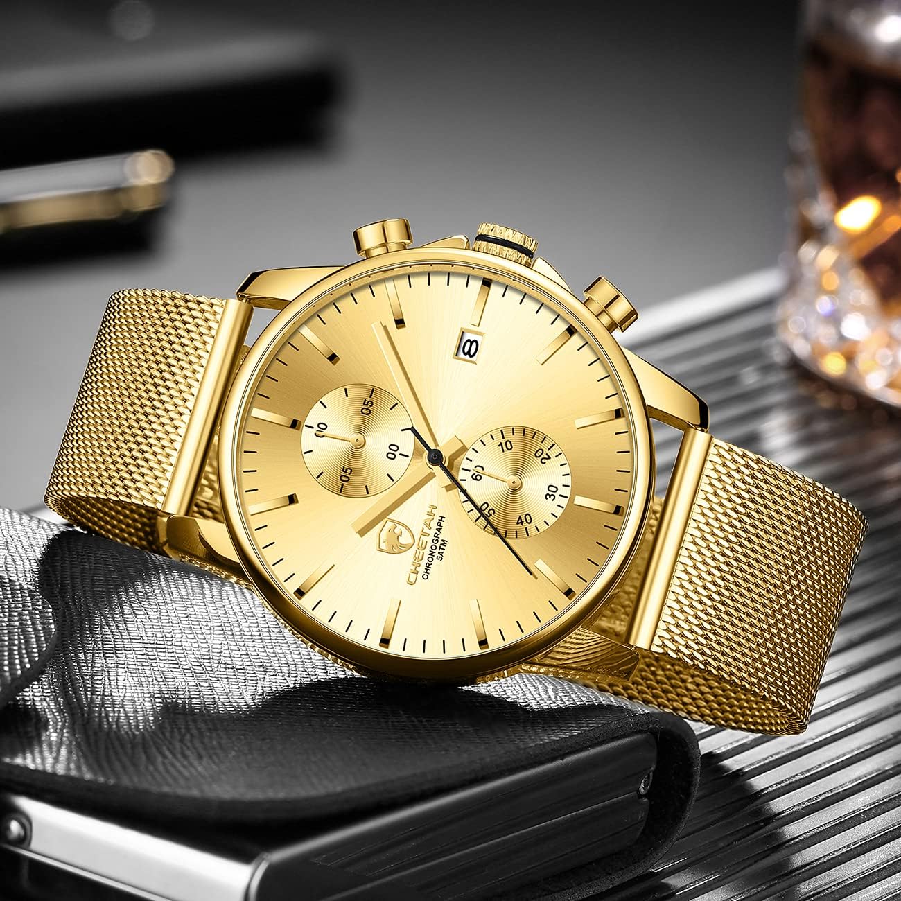 GOLDEN HOUR Mens Watch Fashion Sleek Minimalist Quartz Analog Mesh Stainless Steel Waterproof Chronograph Watches for Men with Auto Date - Image 6