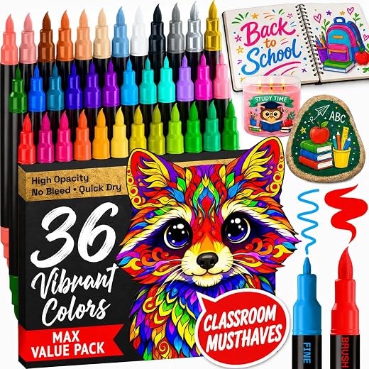 ARTISTRO 36 Dual-Tip Acrylic Paint Marker Pens for Drawing | For Fabric, Rock, Glass, Wood, & Molds, Arts & Crafts Gift for Adults, Teens, & Kids, Classroom Must Haves & School Supplies
