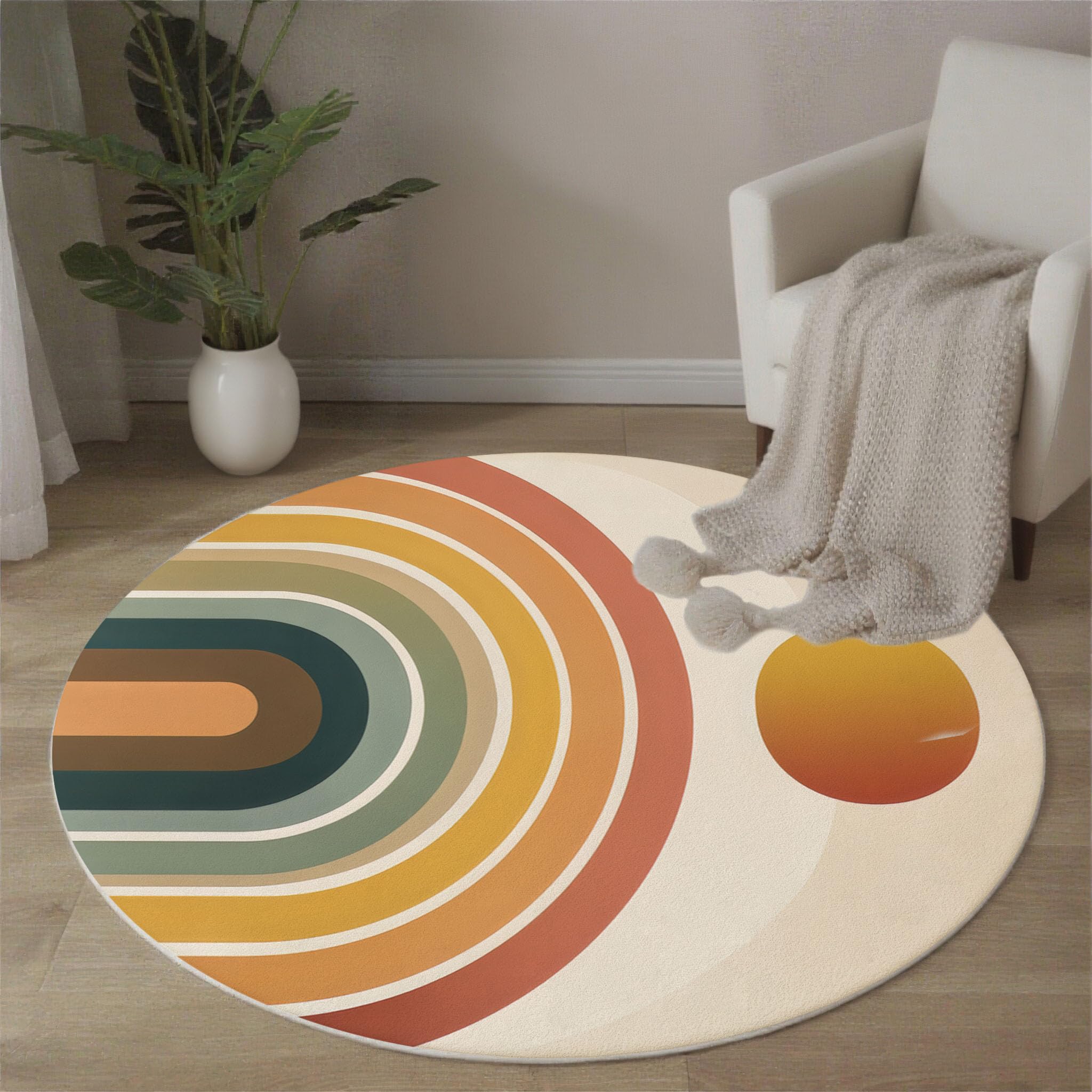 Tapis rond 120cm d'art géométrique au design arc ellipse coloré
