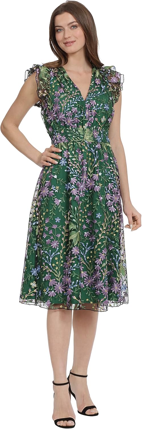 Maggy London Women's V-Neck Garden Floral Embroidered Dress Colorful Feminine Party Event Occasion Guest of 12 Lavender/Green Multi