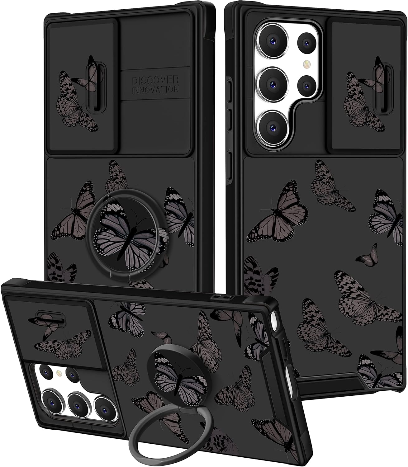Goocrux (2in1 for Samsung Galaxy S23 Ultra Case Black Butterfly for Women Girls Girly Phone Cover Cute Butterflies Design with Slide Camera Cover+Ring Holder Fashion Cases for S23 Ultra 5G 2023 6.8''