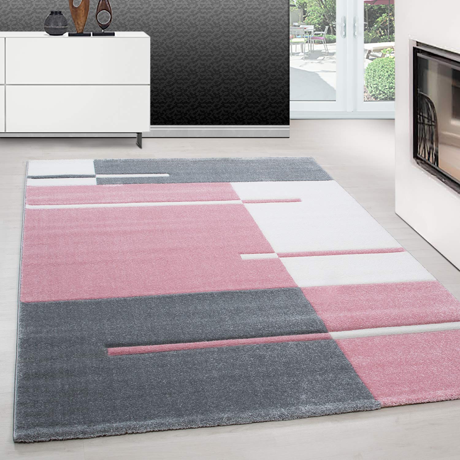 Designer Konturenschnitt Teppich Kurzflor, Kariert Design, Rechteckig, Grau - Schwarz, Pflegeleicht, Wohnzimmerteppich