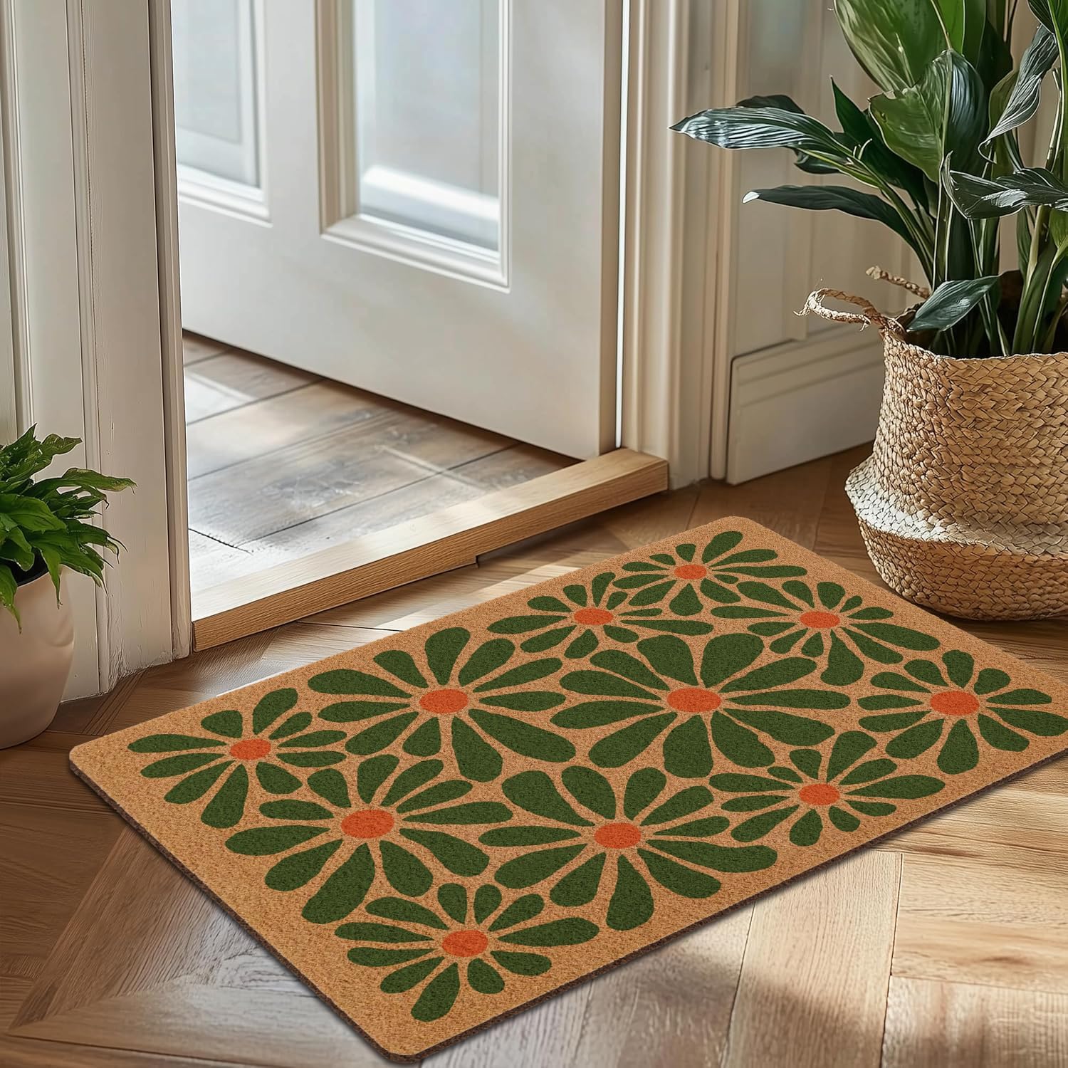 Cute Boho Door Mat Retro Floral Outdoor Welcome Mats,Outside Entrance Non Slip Doormat, Porch Back Door Home Decor(17X30in, Green Flower)