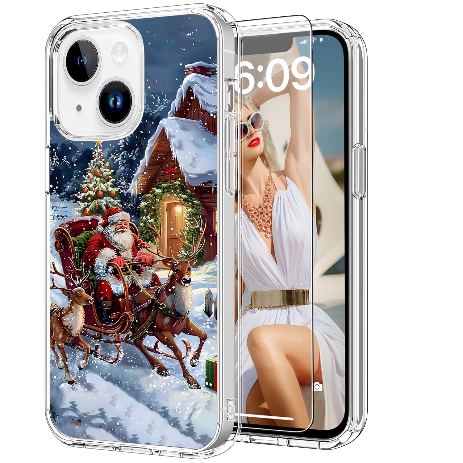 ICEDIO Christmas Phone Case for iPhone 15 with Screen Protector - Fashionable Trendy Designs - Clear Acrylic Shockproof Protective Cover 6.1" -