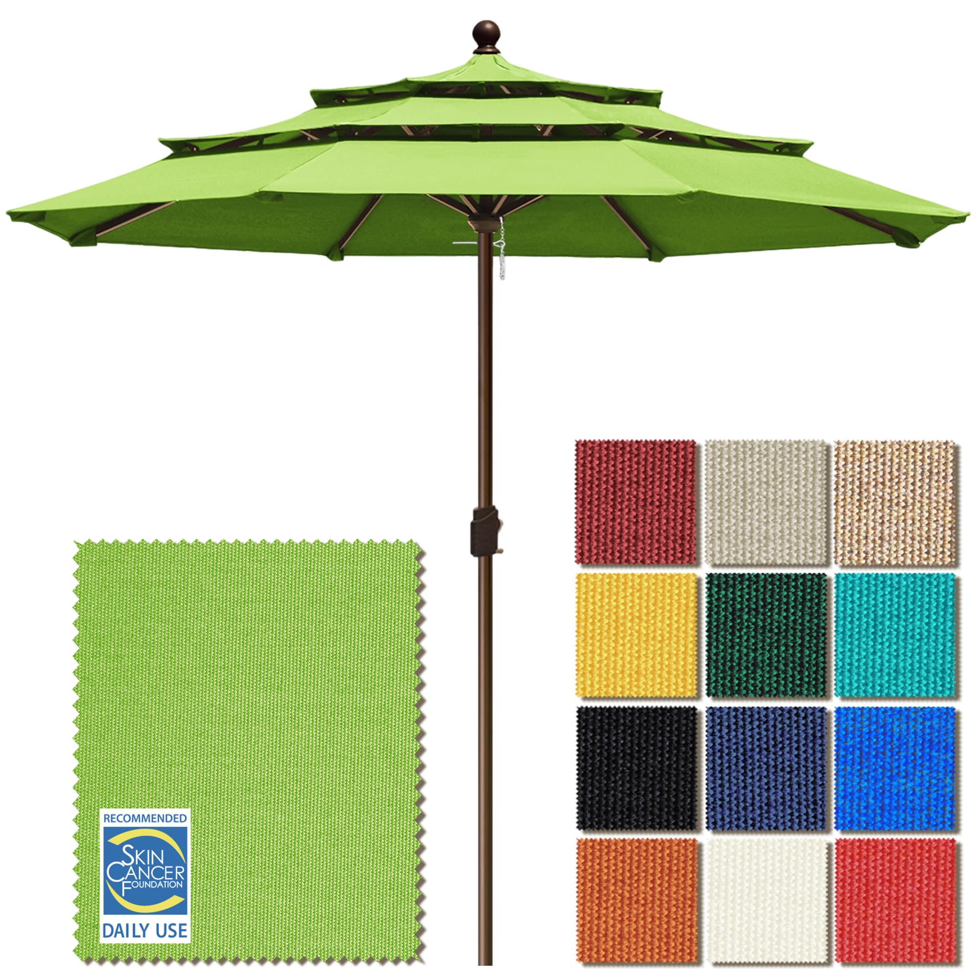 eliteshade usa 10-year-non-fading 11ft 3-tier market patio umbrella, commercial grade outdoor table umbrella with crank open, windproof & upf 50+ uv protection, heavy duty ventilation for garden, deck, pool, backyard, beach & bistro, no tilt, macaw green