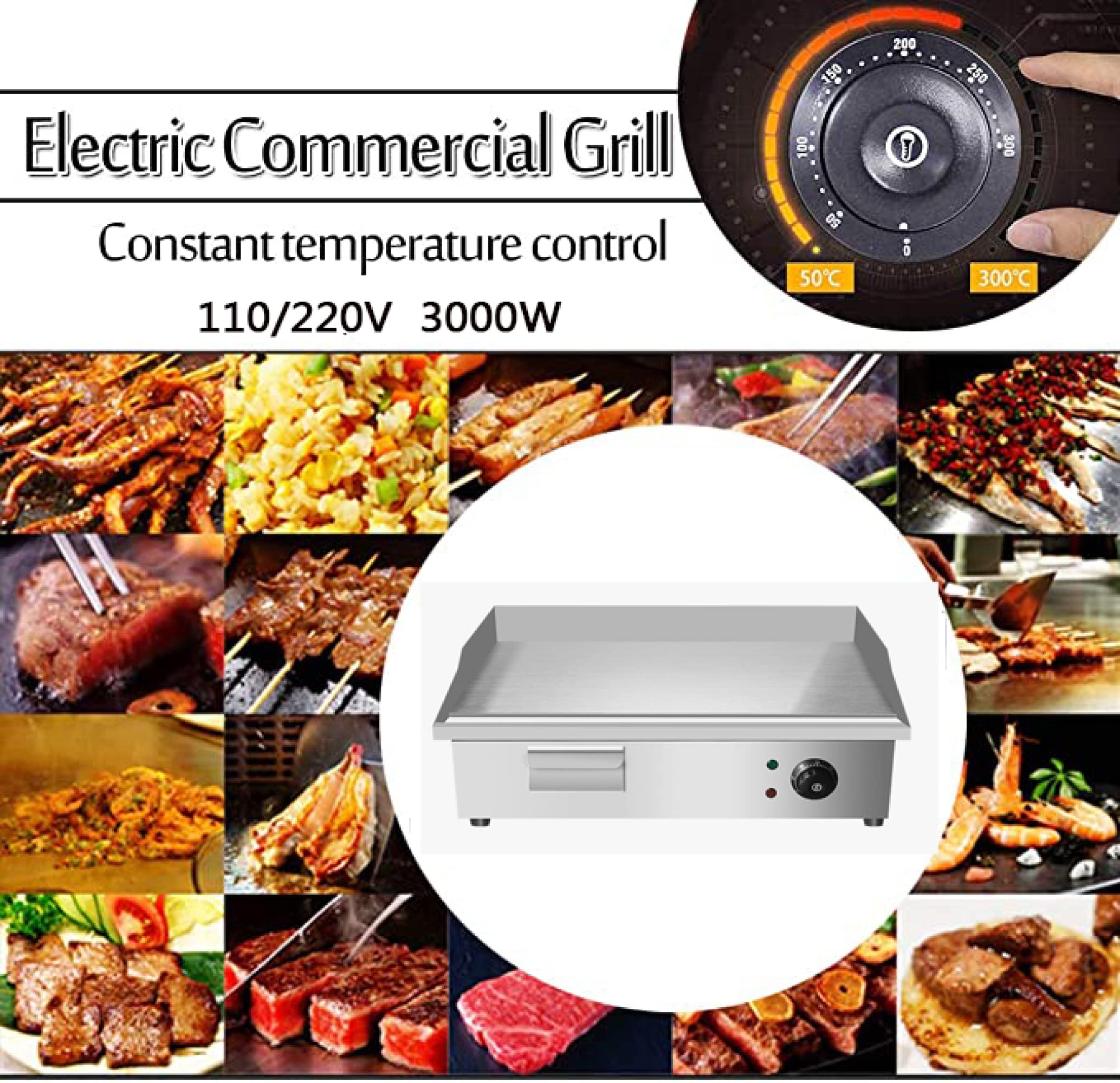 22'' Non-Stick Electric Countertop Flat Griddle/ 110V/220V 3000W Stainless Steel Commercial Teppanyaki Grill, Adjustable Temperature Control 122°F-572°F