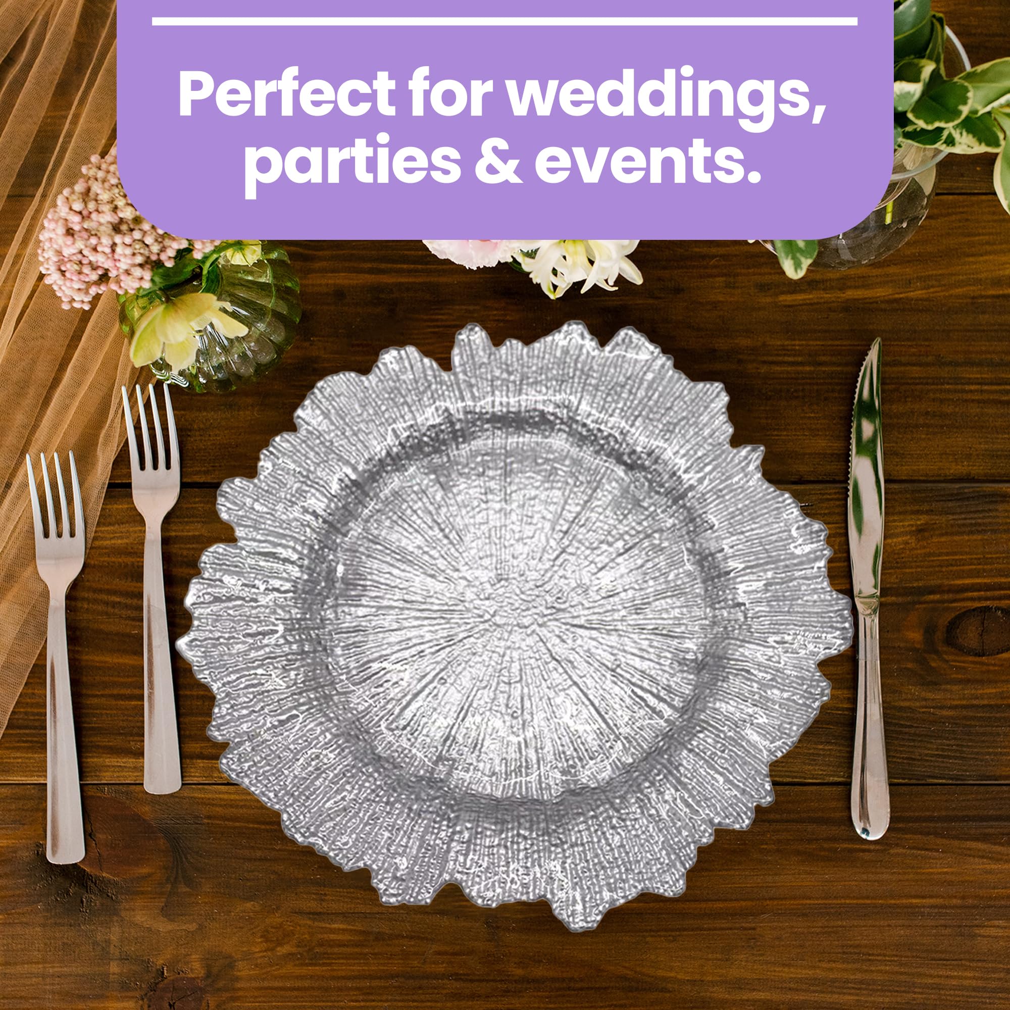 Platos de carga plateados de diseño vintage – 33 cm elegantes platos de polipropileno para bodas, fiestas, aniversarios, cumpleaños, vajilla, eventos de catering y eventos especiales – Juego de 6