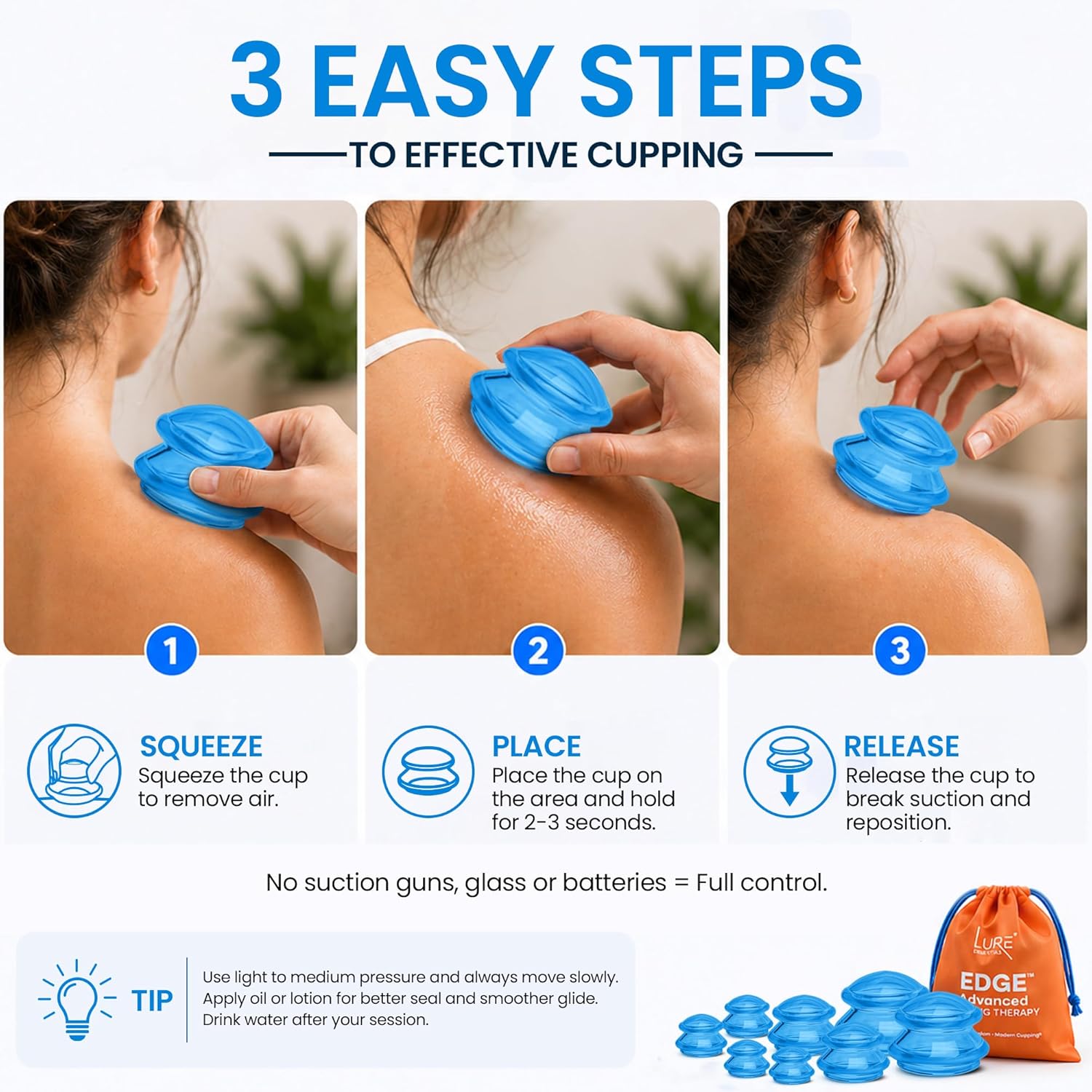 Lure Essentials Edge Silicone Cupping Set, Cupping Kit for Massage Therapy, Long Lasting Cups for Professional & Home Use, Body Sculpt Cup for Cellulite, Ultra Transparent Blue (8 Count)
