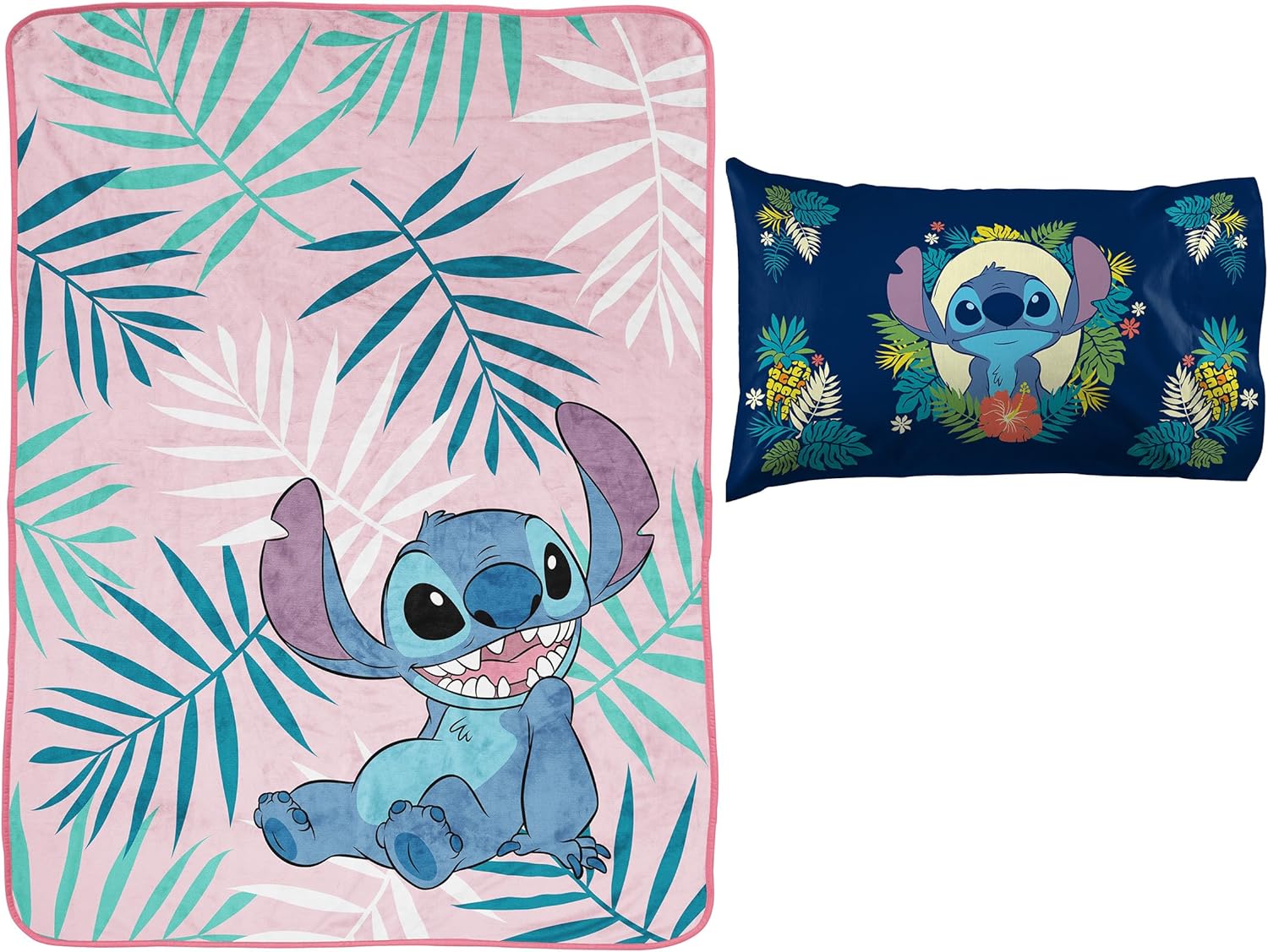 Jay Franco Lilo and Stitch Misty Palm Throw Blanket and Hawaii Garden Pillowcase Bundle