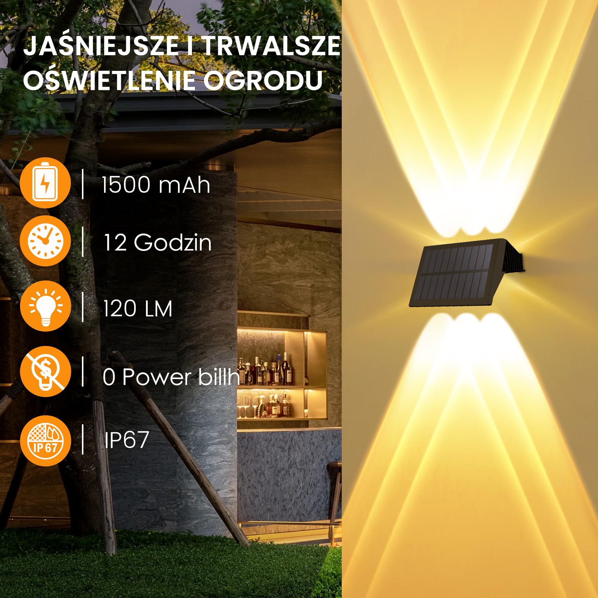 lampy solarne do użytku na zewnątrz, na ścianę, lampa zewnętrzna oświetlona od góry i dołu, 6 diod LED, IP67 wodoszczelna iluminacja ogrodowa na płot, do ogrodu, balkonu, tarasu, lampy