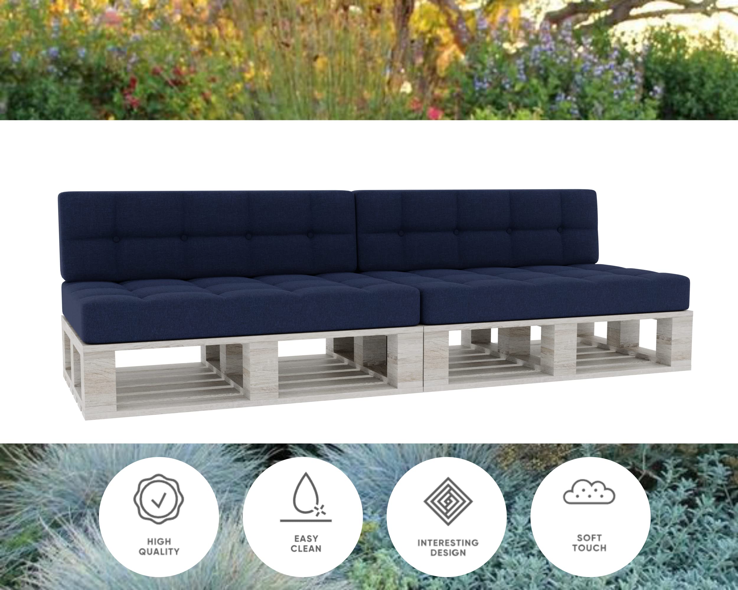 Gutekissen® Cuscini per pallet Cuscini trapuntati con bottoni, Cuscini per pallet trapuntato PFG 2xSet (Cuscino di seduta 120x80 +Schienale 120x40), Navy Blau
