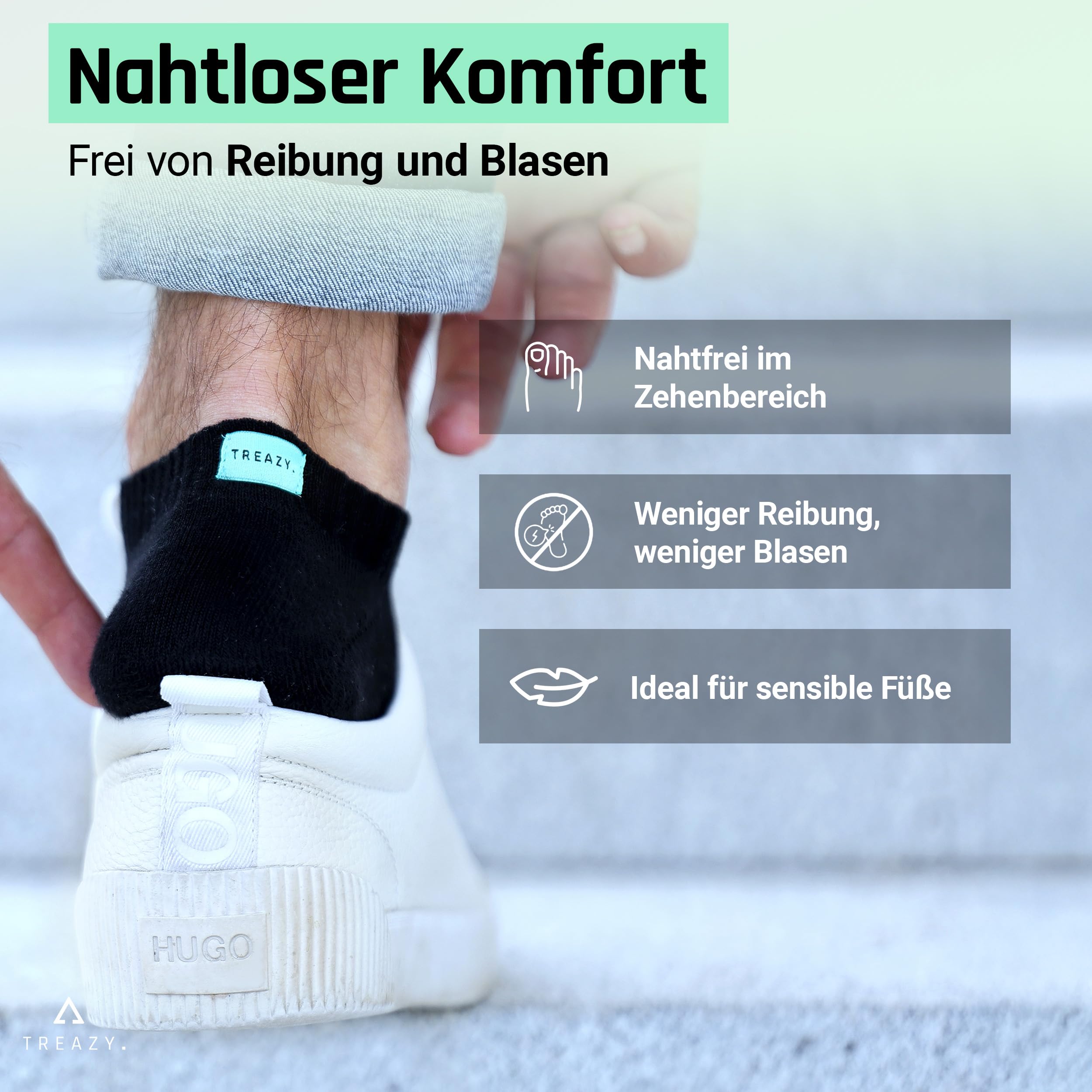 TREAZY Sneaker Socken aus Bio-Baumwolle – nachhaltig und fair produziert in Portugal – ohne Einschneiden, Anti-Loch-Socken, atmungsaktiv und langlebig im Alltag