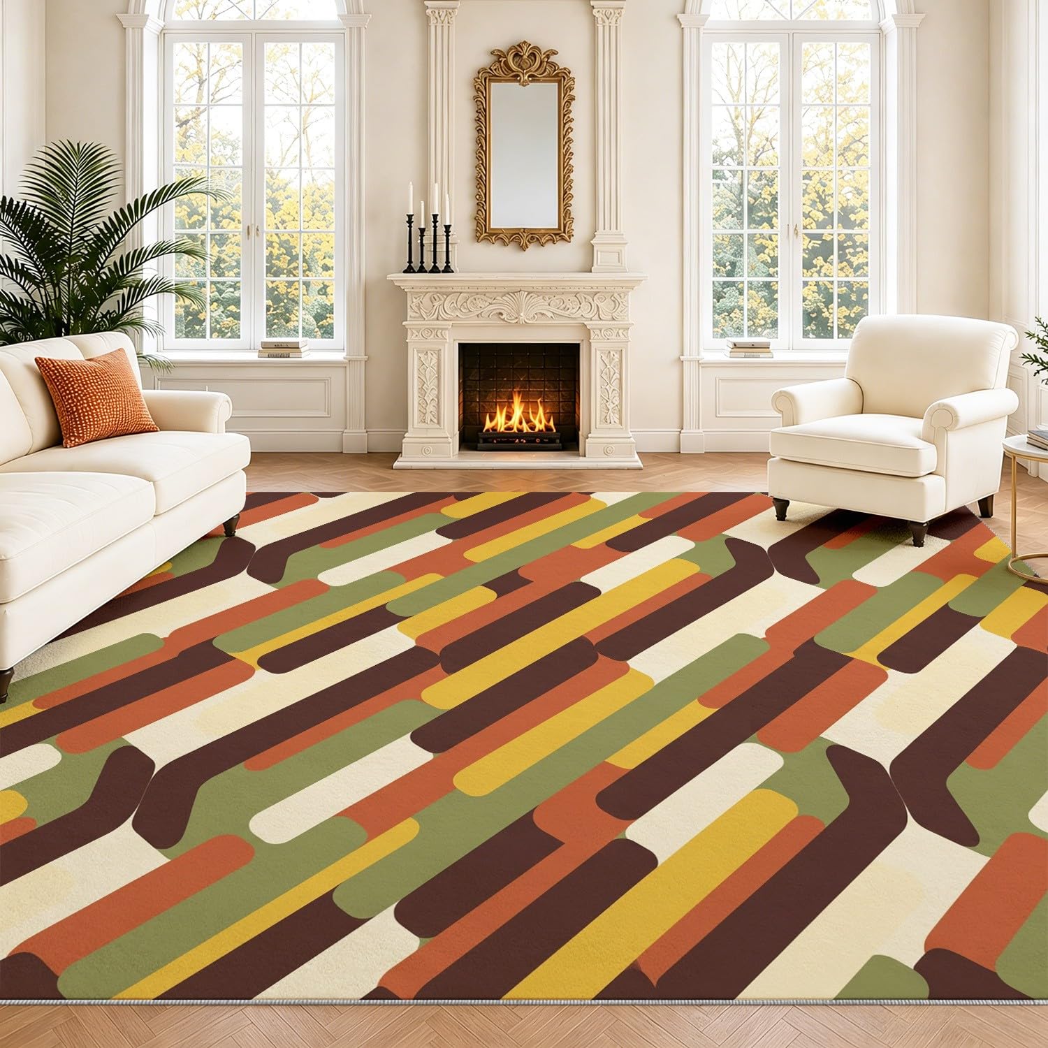 Tappeto lavabile per soggiorno, 140 x 200 cm, soffice per camera da letto, antiscivolo, a pelo basso, morbido, vintage, moderno, motivo geometrico per salotto