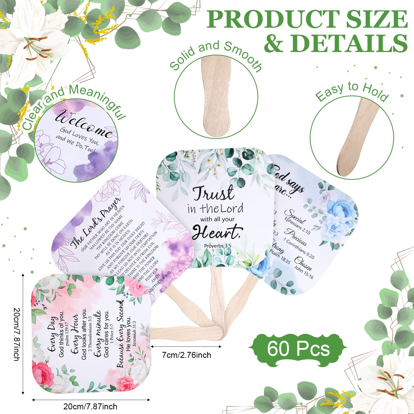 Blulu 60 Pcs Christian Church Fans Handheld Set Religious Paper Hand Fans Bulk Religious Gifts for Church Services Lord's Prayer Bible Verses Inspirational Scripture Christian Gift Present (Classic)