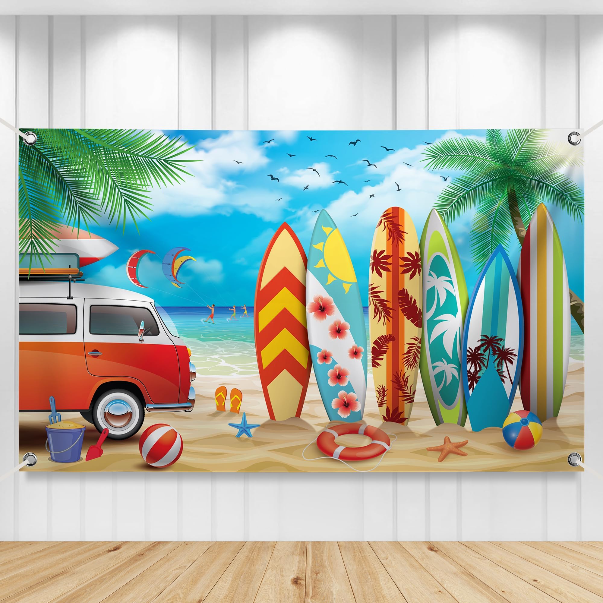 KatchOn, Xtralarge Beach Backdrop for Photography - 72x44 Inch | Aloha Blue Sky Ocean Palm Tree with Surfboard Background | Surfboard Backdrop, Surf Board Decoration | Surf Decorations For Party