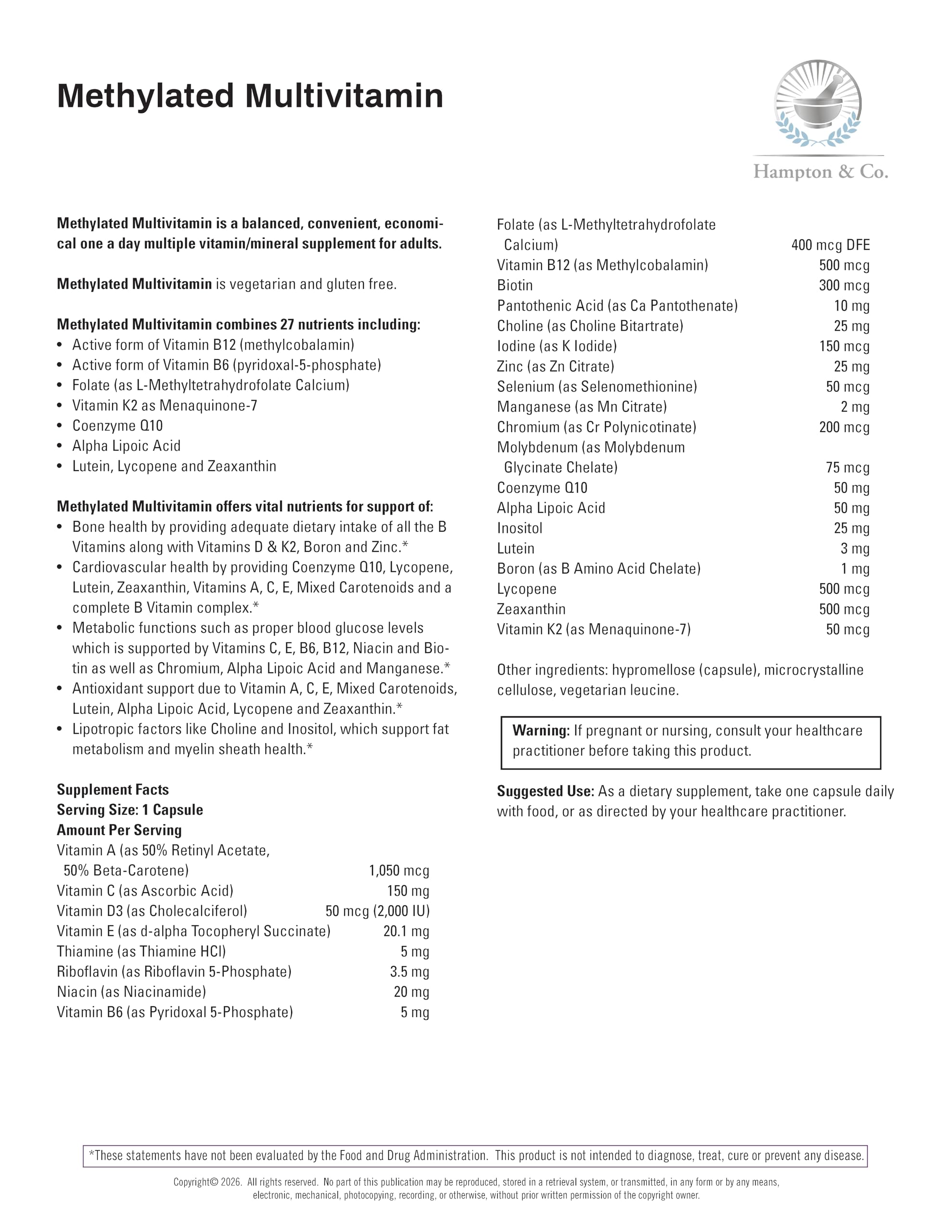 Methylated Multivitamin - Metabolic & Cardiovascular Support – Advanced B-Vitamin & Mineral Blend with Choline, Boron & CoQ10 for Bone Strength and Heart Health – 60 Count — Amazon image 7