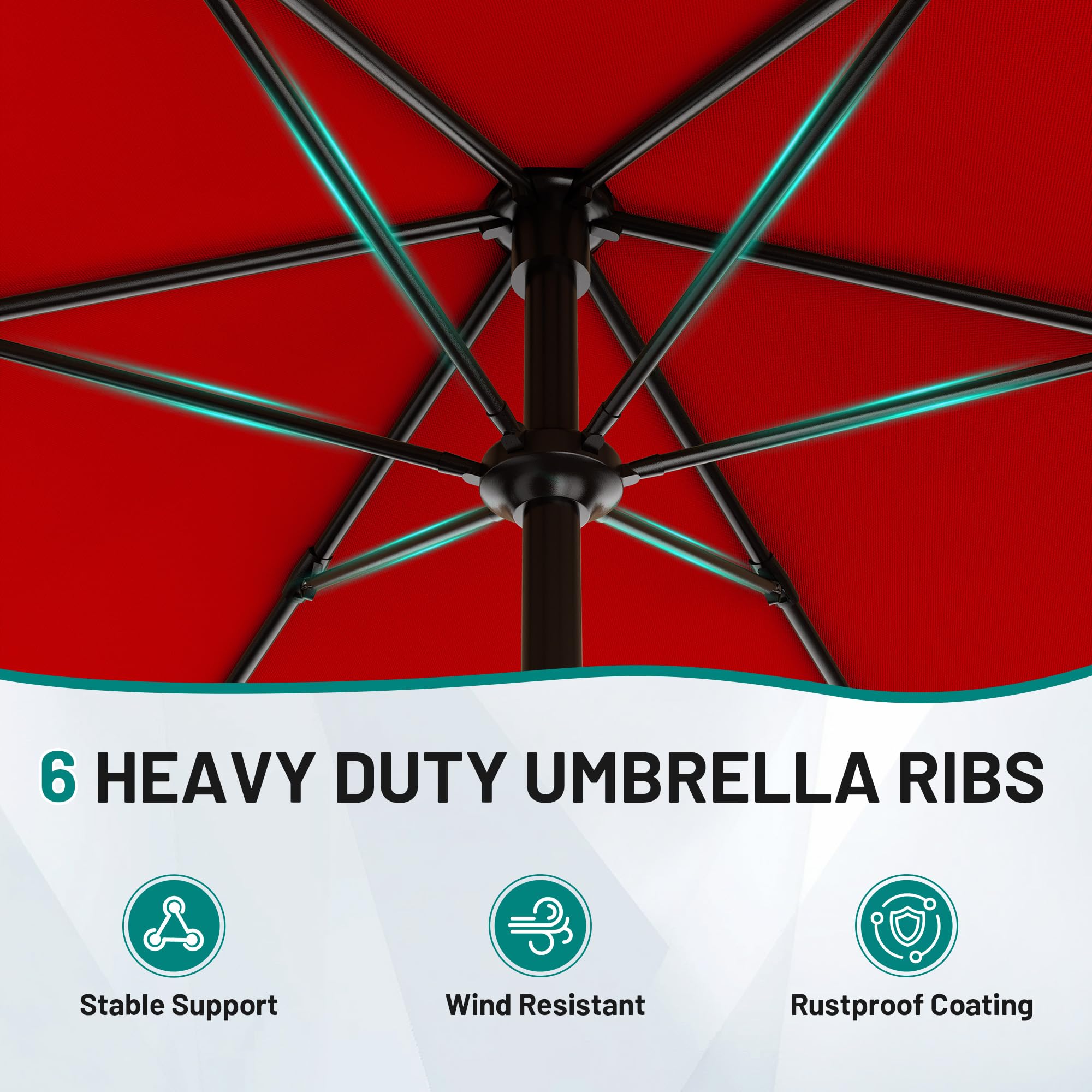 AreShark 10 FT Patio Umbrella for Outdoor, Outdoor Table Umbrella with Push Button Tilt and Crank, Outdoor Patio Umbrellas with 6 Sturdy Ribs, Patio Umbrellas for Market, Garden, Pool (Red) — view 3