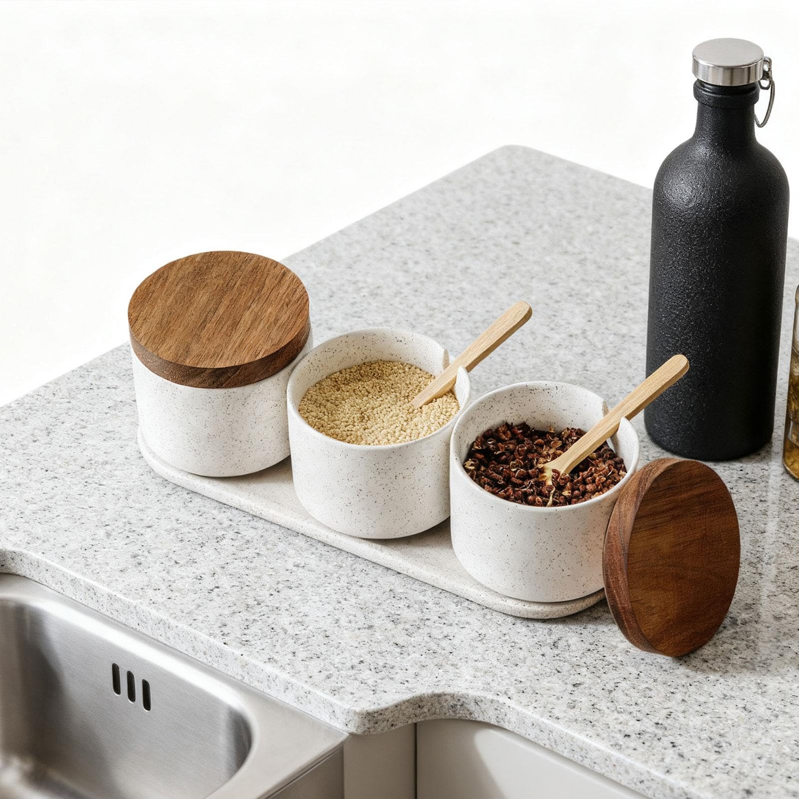MagiDeal Barattolo per condimenti, zuccheriera in Ceramica con Coperchio in Legno, Ciotola Creativa per Sale, condimenti per tè, caffè macinato, Zucchero, casa, 3 Pezzi