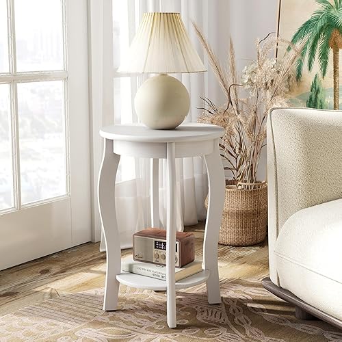 Miniatura 10 de GOFLAME Juego de 2 mesas auxiliares redondas de 2 niveles, mesa auxiliar moderna de mediados de siglo con estante de almacenamiento, patas de madera