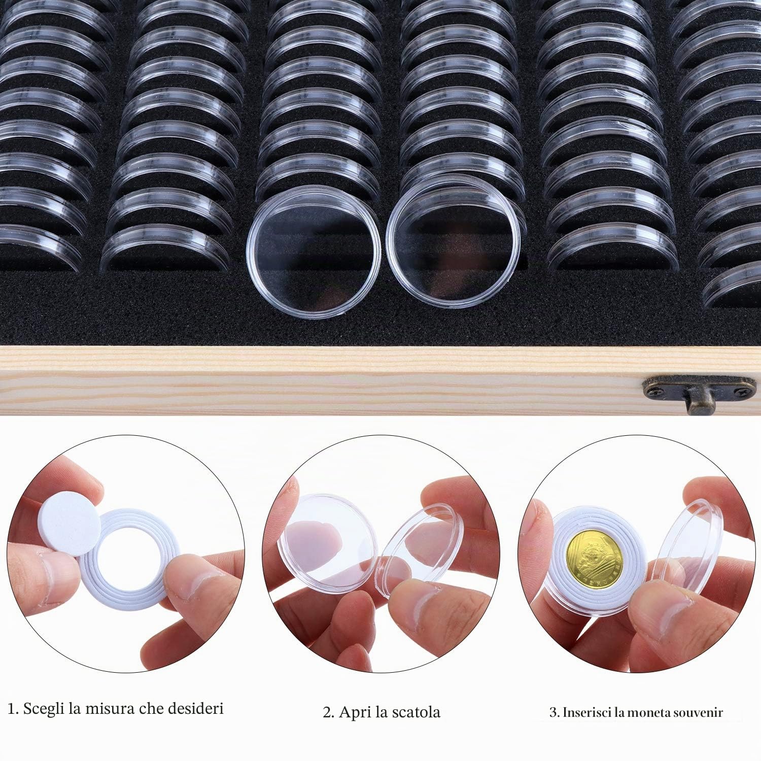 Kyrio - Scatola portamonete in legno, può contenere 100 monete, organizer con capsule rotonde in plastica, per collezionisti di monete, 18 mm / 21 mm / 25 mm / 27 mm / 30 mm