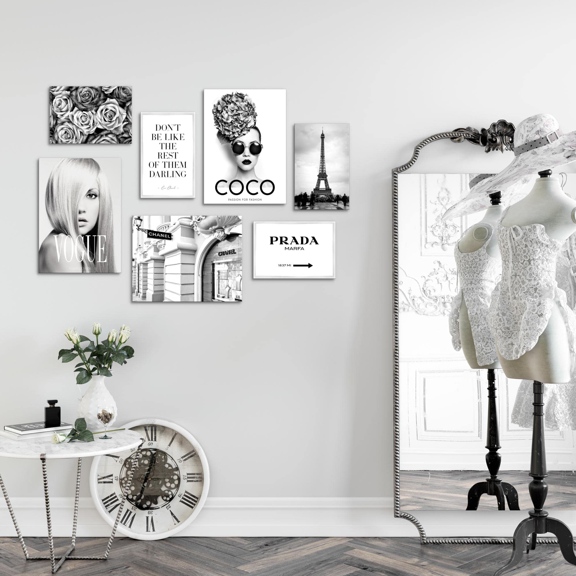 Novart Wandbilder Fashion Coco - KOMPLETT AUFHÄNGFERTIG - Schwarz Weiss Wohnzimmer Mädchen Teenager - 7 Moderne Mood-Bilder - N009071a