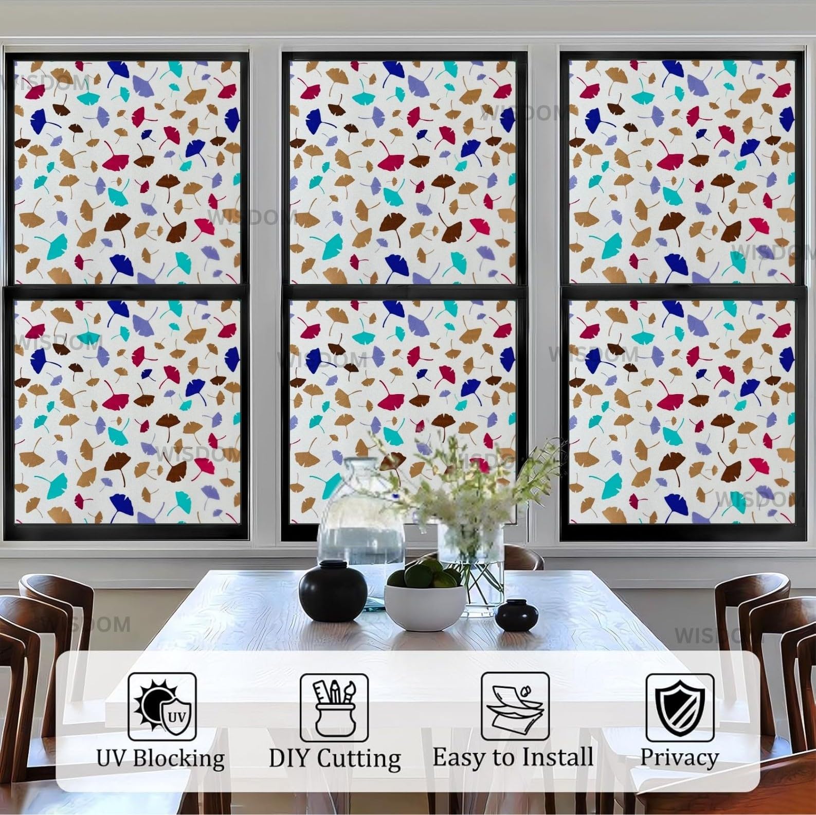 WISDOM Premium Frosted Glass Window Film Self Adhesive Decorative Glass Window Privacy Sheet Film UV Control Removable Vinyl Privacy Film (Color Leaves, 12x36 Inch) 1