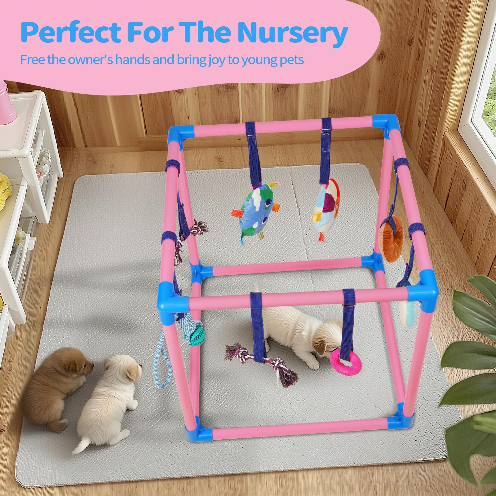 Liitrton Welpenspielstudio – Spielstudio für kleine Hunde mit 8 hängenden Spielzeugen, Indoor-Welpen-Dschungel-Fitnessstudio mit interaktivem Hundespielzeug, 49,5 x 49,5 x 49,5 cm, PVC-Rahmen (Rosa) | 49,5 x 49,5 x 49,5 cm PVC-Rahmen, Indoor-Welpen-Dschun