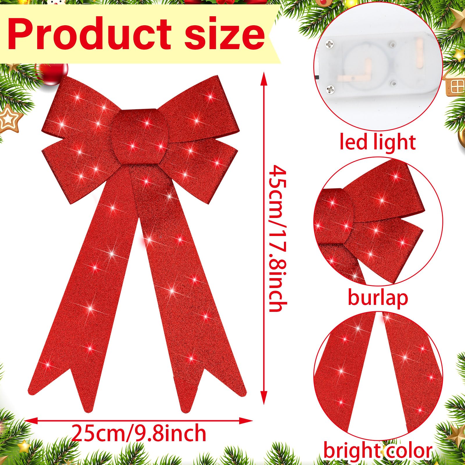 Giegxin 4 Pcs LED Christmas Wreath Bows Xmas Tree Topper Bow Outdoor Indoor Glitter Lighted Bows Winter Large Wreath Garland Bow for Home Front Door Party Decor, 18 X 10 Inch (Red)