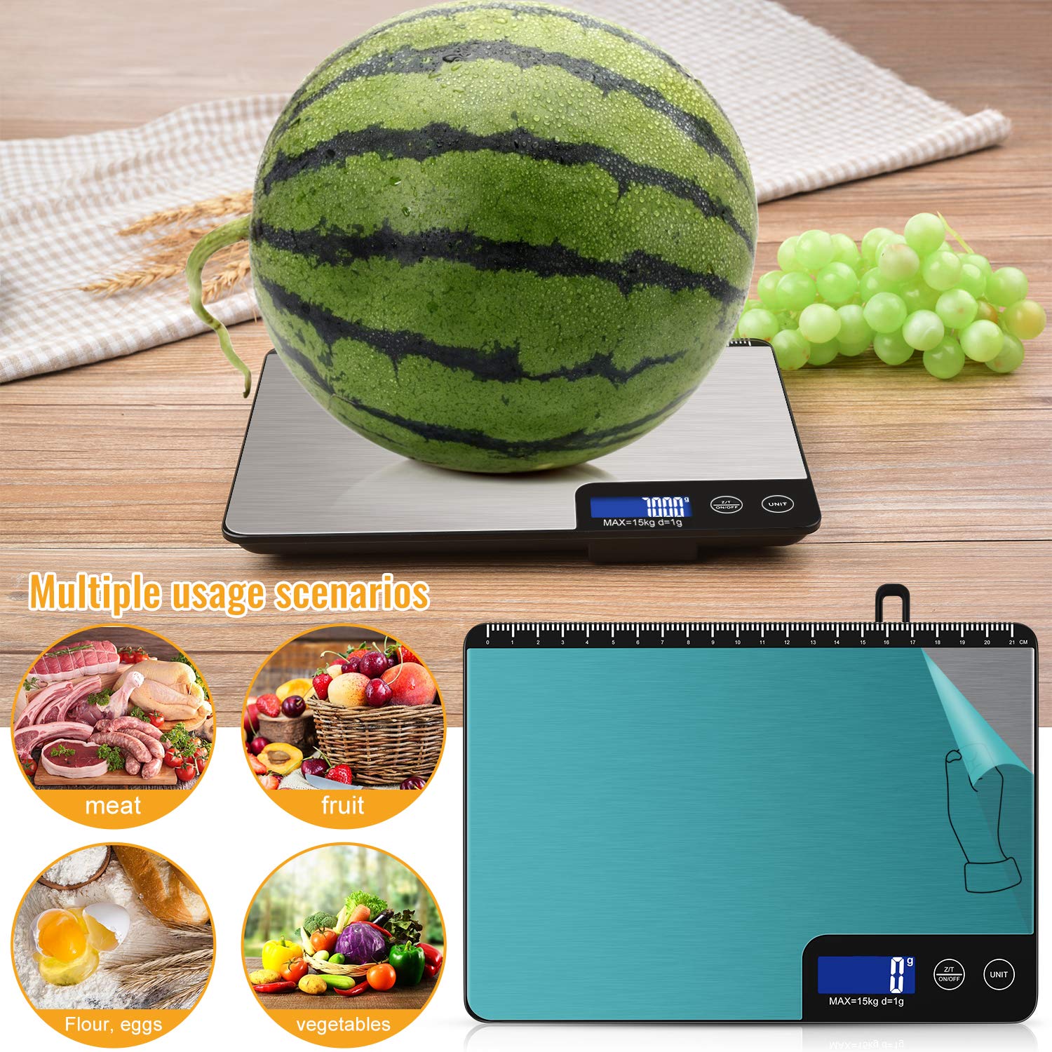 Báscula digital de cocina de 33 libras, área de pesaje grande (9 pulgadas), báscula electrónica profesional de alimentos, báscula doméstica de acero inoxidable, control táctil, pantalla LCD, 6