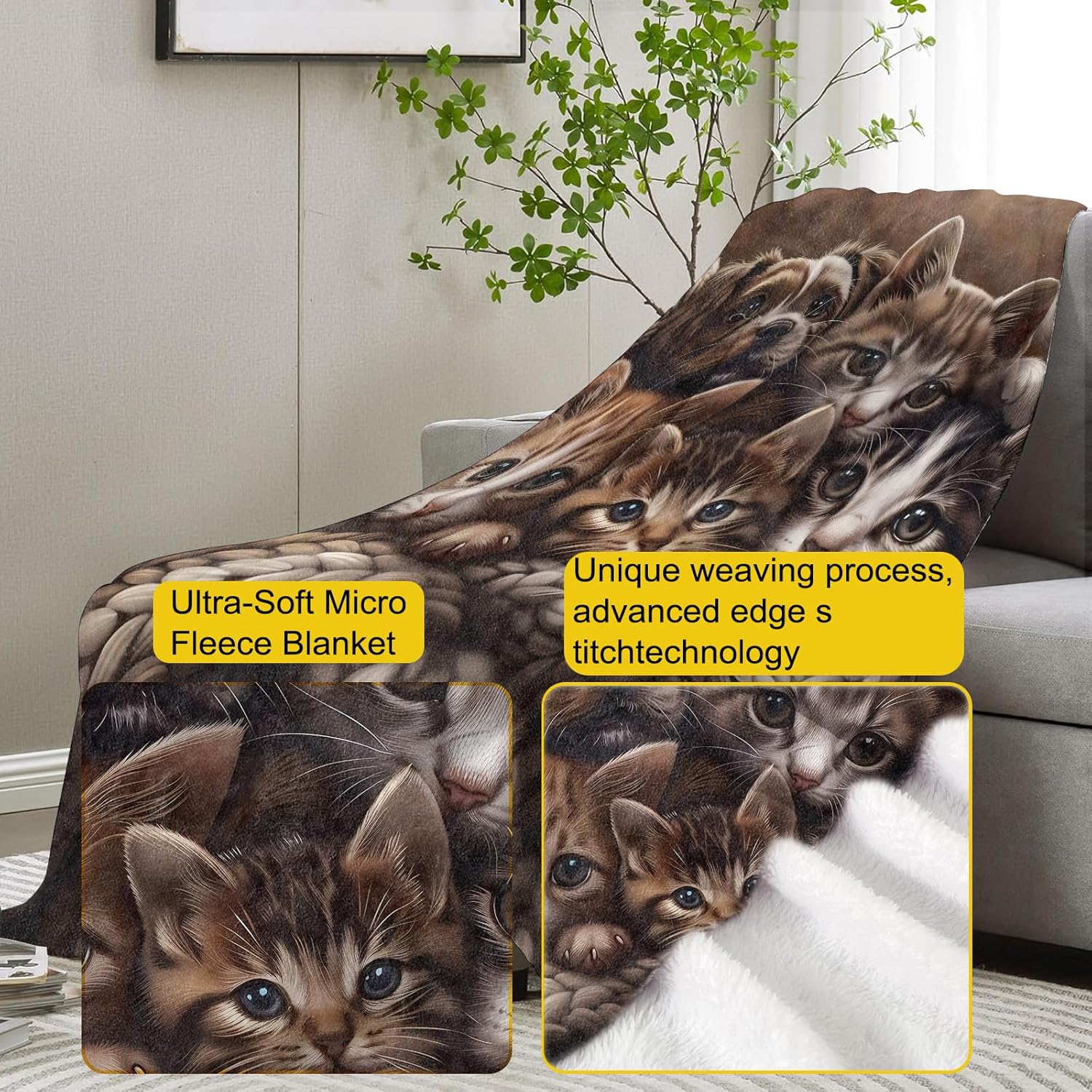 Cuddly Kittens and Puppy Blanket Gifts for Women, Cat and Dog Flannel Blanket, Soft Warm Lightweight Throw Blankets for Bed Couch Home Travel Decor 50" x 60"