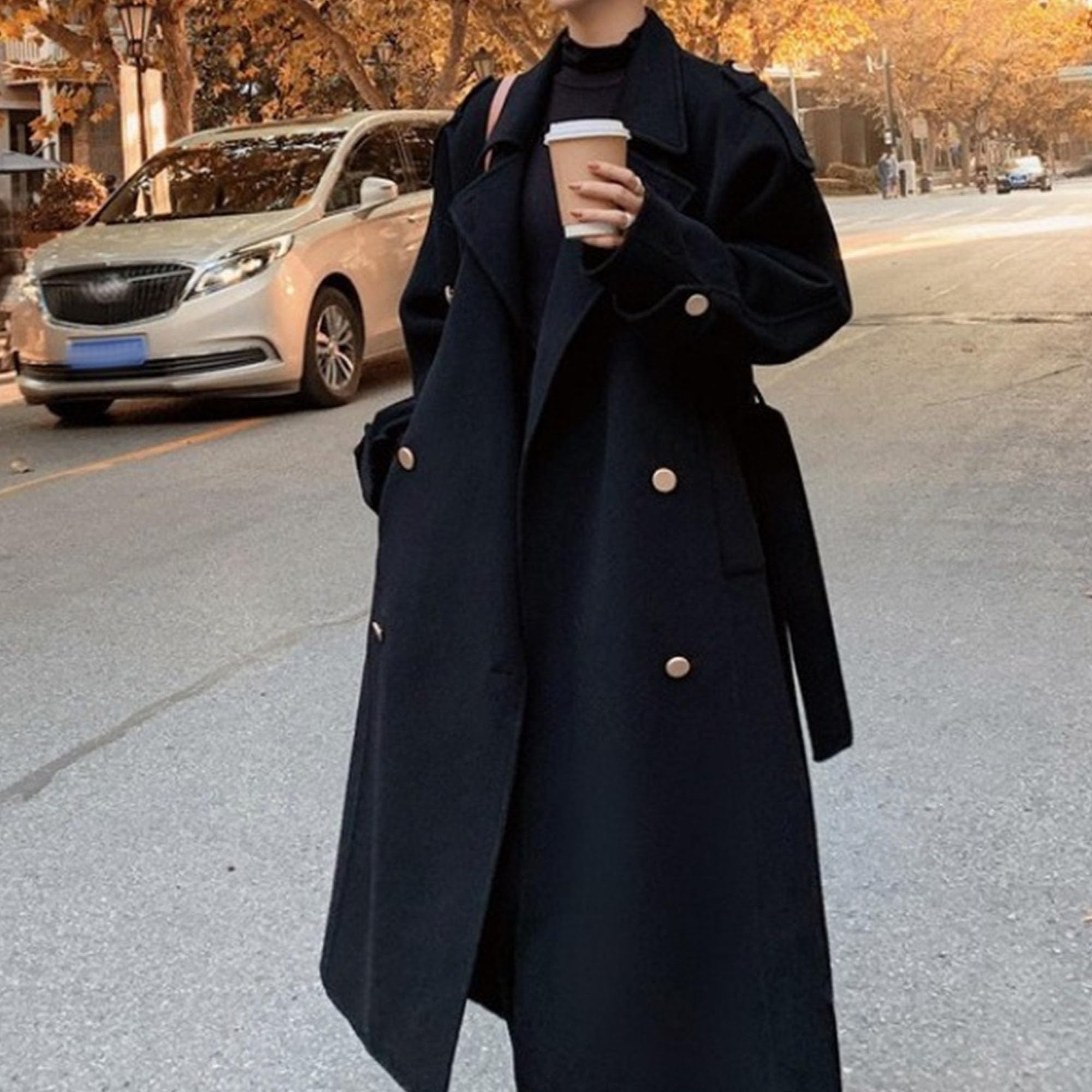Cappotti lunghi da donna, cappotto sopra il ginocchio in finta lana alla moda, giacca invernale doppiopetto con revers a lancia e cintura