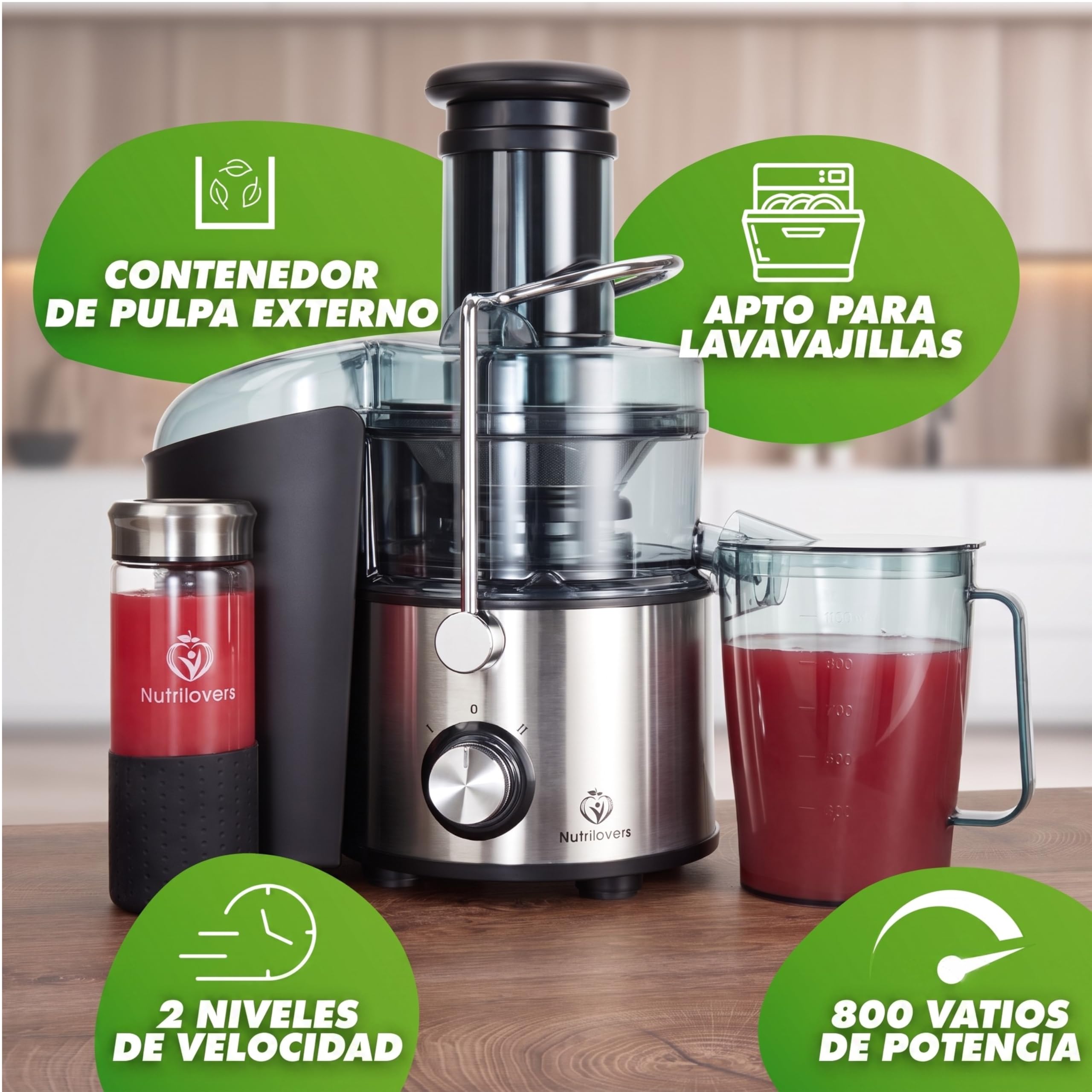 Nutrilovers Extractor de Zumo QUICK-JUICER MAX, Centrífugo 800 W, Boca XXL, Tamiz de Acero Inoxidable, Depósito de Pulpa Externo, Sin BPA, Botella