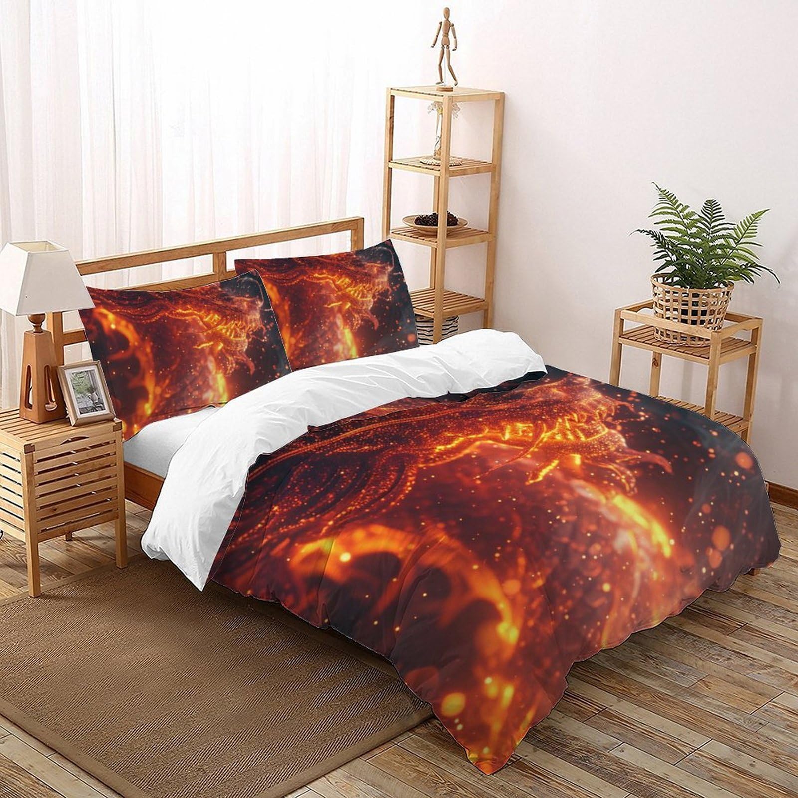 Housse de couette 3D rouge dragon 220x240cm avec 2 taies d'oreiller king