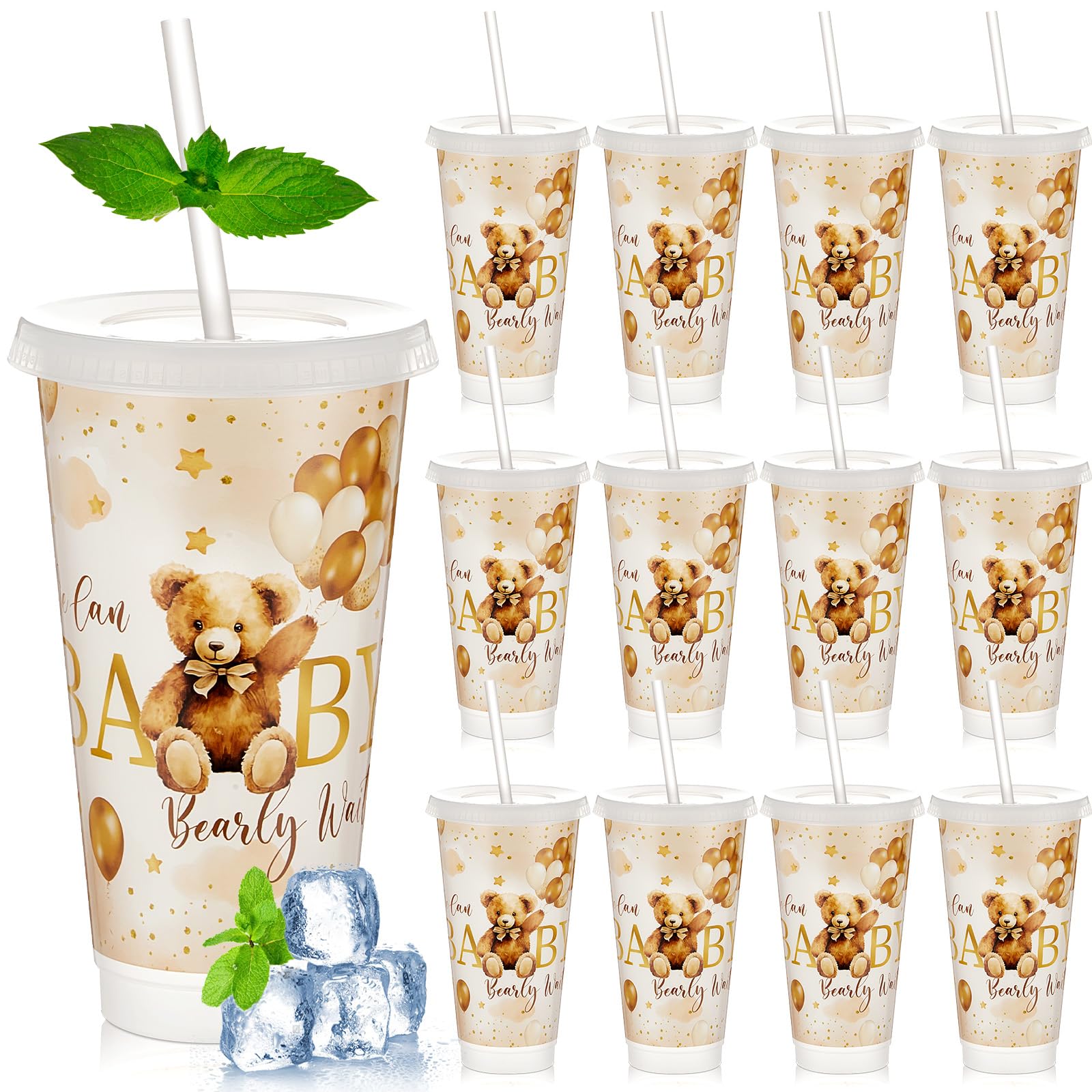 Frienda Lot de 12 gobelets réutilisables en plastique avec couvercle et paille pour fête prénatale 700 ml