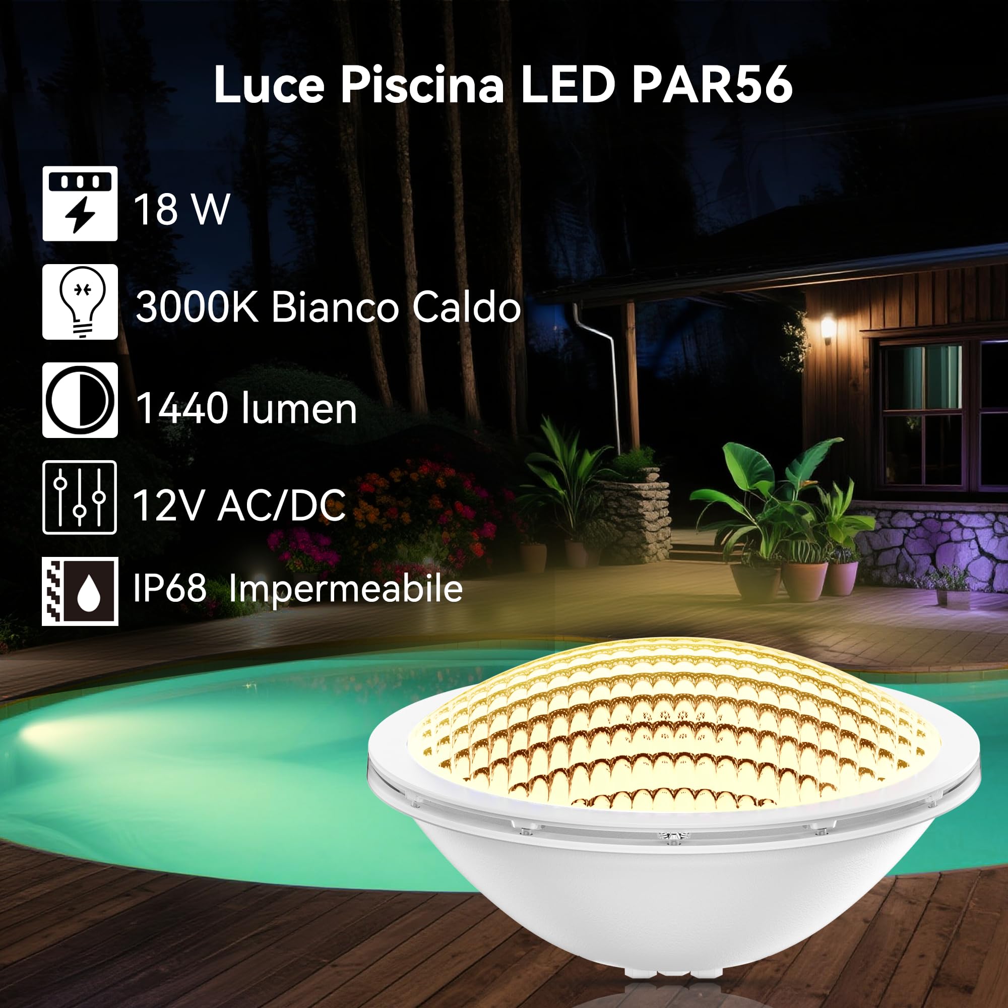 LyLmLe Luce Piscina PAR56 Fari LED per Piscine 18W Lampada Subacquea a led Illuminazione, 1440lm, 120°angolo del fascio, Impermeabile IP68, 12V DC/AC, 3000K Bianco Caldo