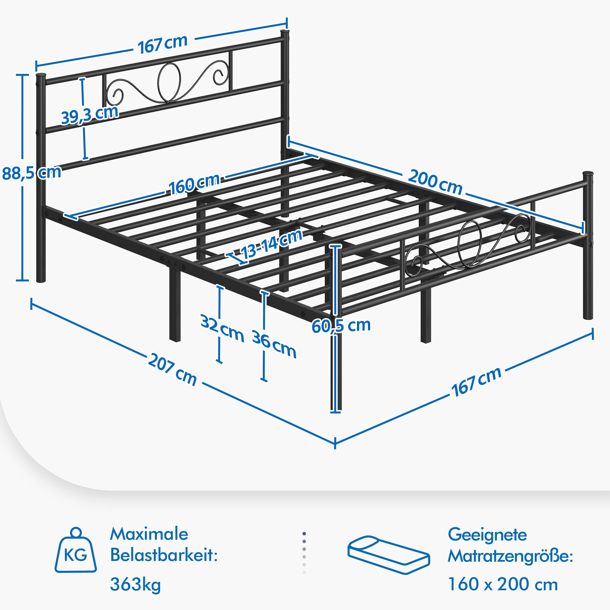 Yaheetech Bettrahmen Metallbett Bettgestell aus Metall, Doppelbett für 160 x 200 cm Matratze, Gästebett für kleine Räume, Schwarz – Ansicht 2