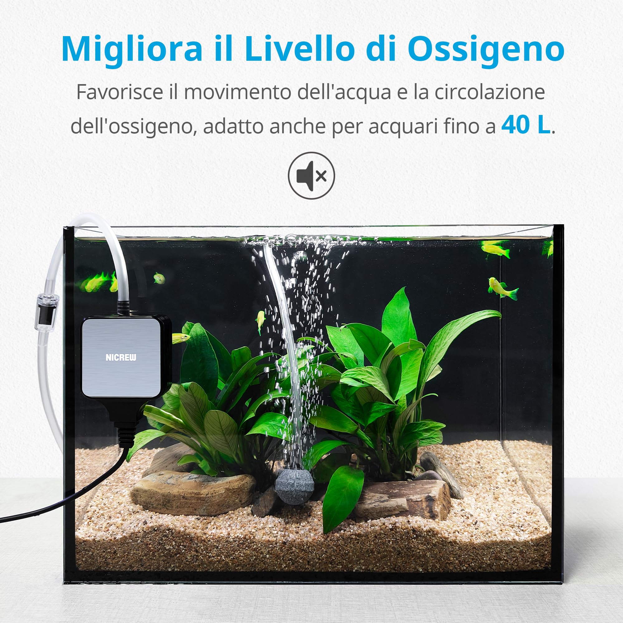 NICREW Ossigenatore per Acquario Ultra-Silenzioso <33 dB, Nano Silent Mini Aeratore fino a 40 L, Accessori per Acquario Nano, 18 L/H, 1,5W