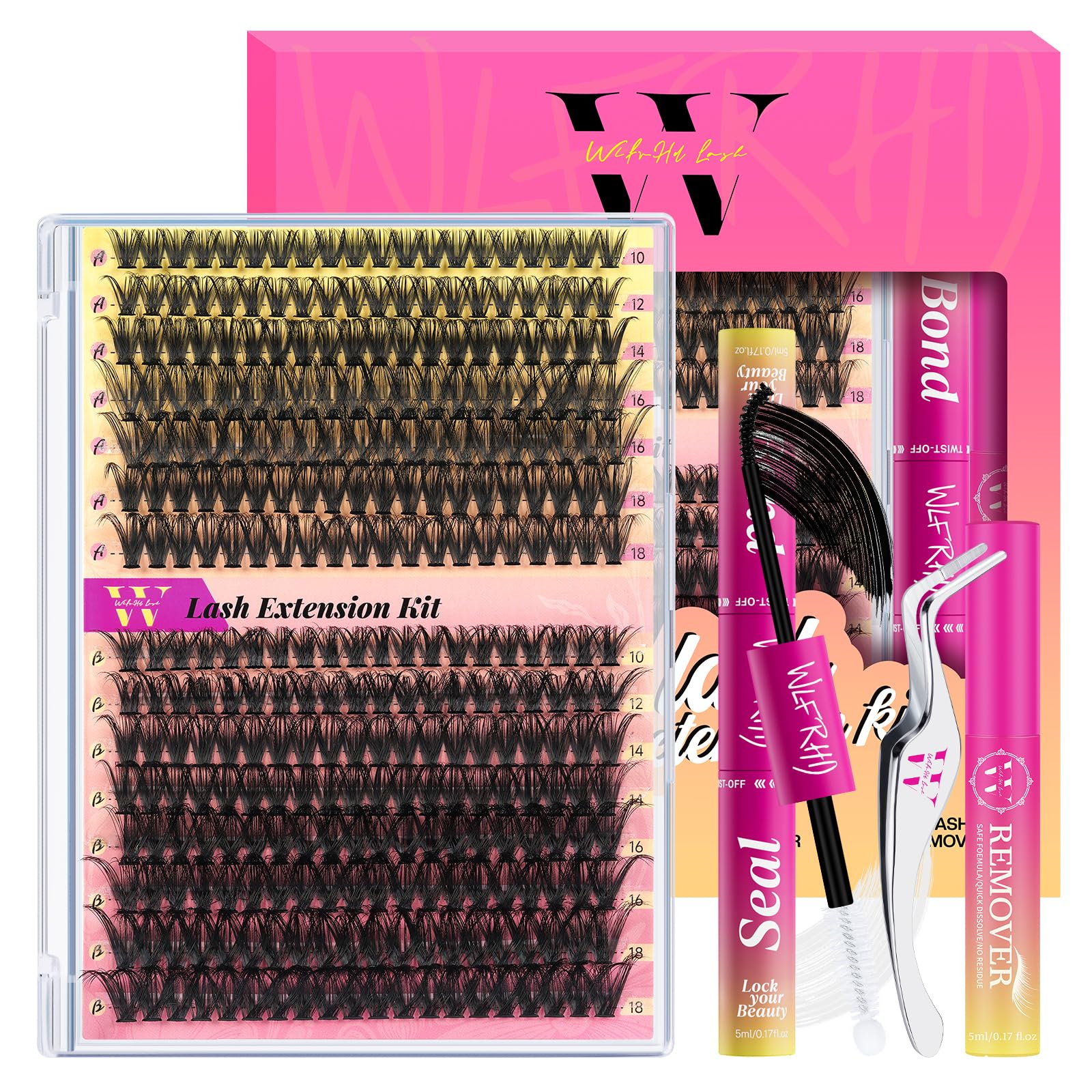 WLFRHD Ciglia Finte Ciuffetti 300PCS Kit Ciglia Extension D Curl Ciuffetti Ciglia Finte Extension Ciglia Kit Extension Ciglia con Bond e Seal Ciglia, Glue Remover Pinzette (40D+50D,D-Mix10-18mm)