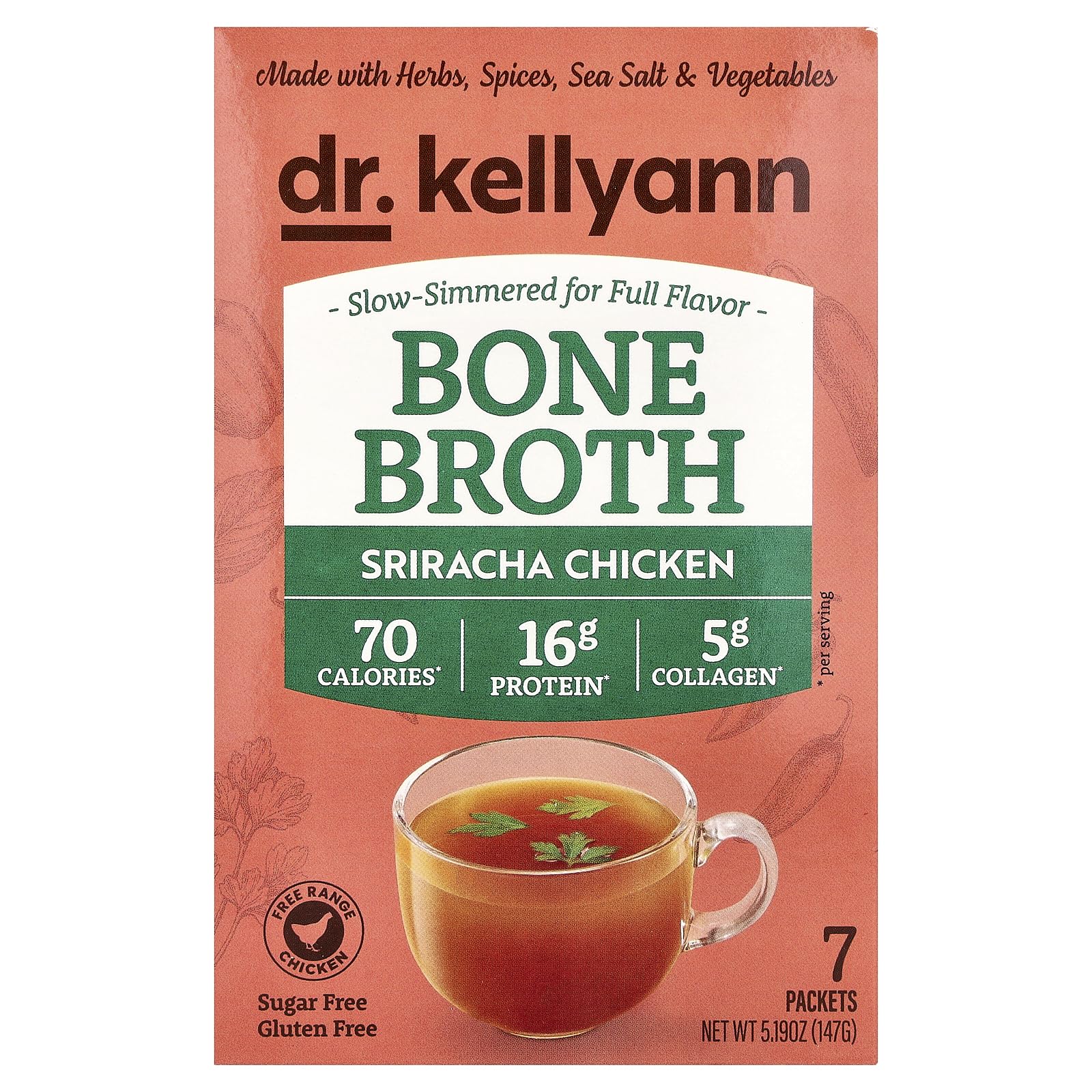 Dr. Kellyann Sriracha Chicken Bone Broth Packets (7 Servings) 16g Protein, Grass-Fed Collagen, Keto & Paleo-Friendly, 1 Box Sriracha Chicken 7 servings