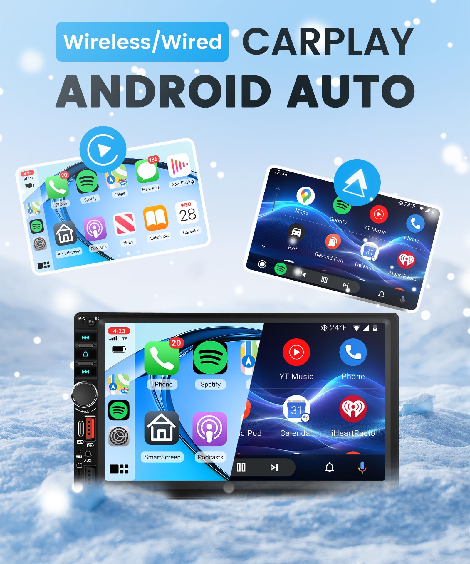Wireless Carplay Autoradio 2 Din con You-Tube Android Auto 7 Pollici Touchscreen Autoradio con IOS/Android Mirror Link Bluetooth FM Radio USB/EQ/AUX Controllo del Volante Telecamera Posteriore