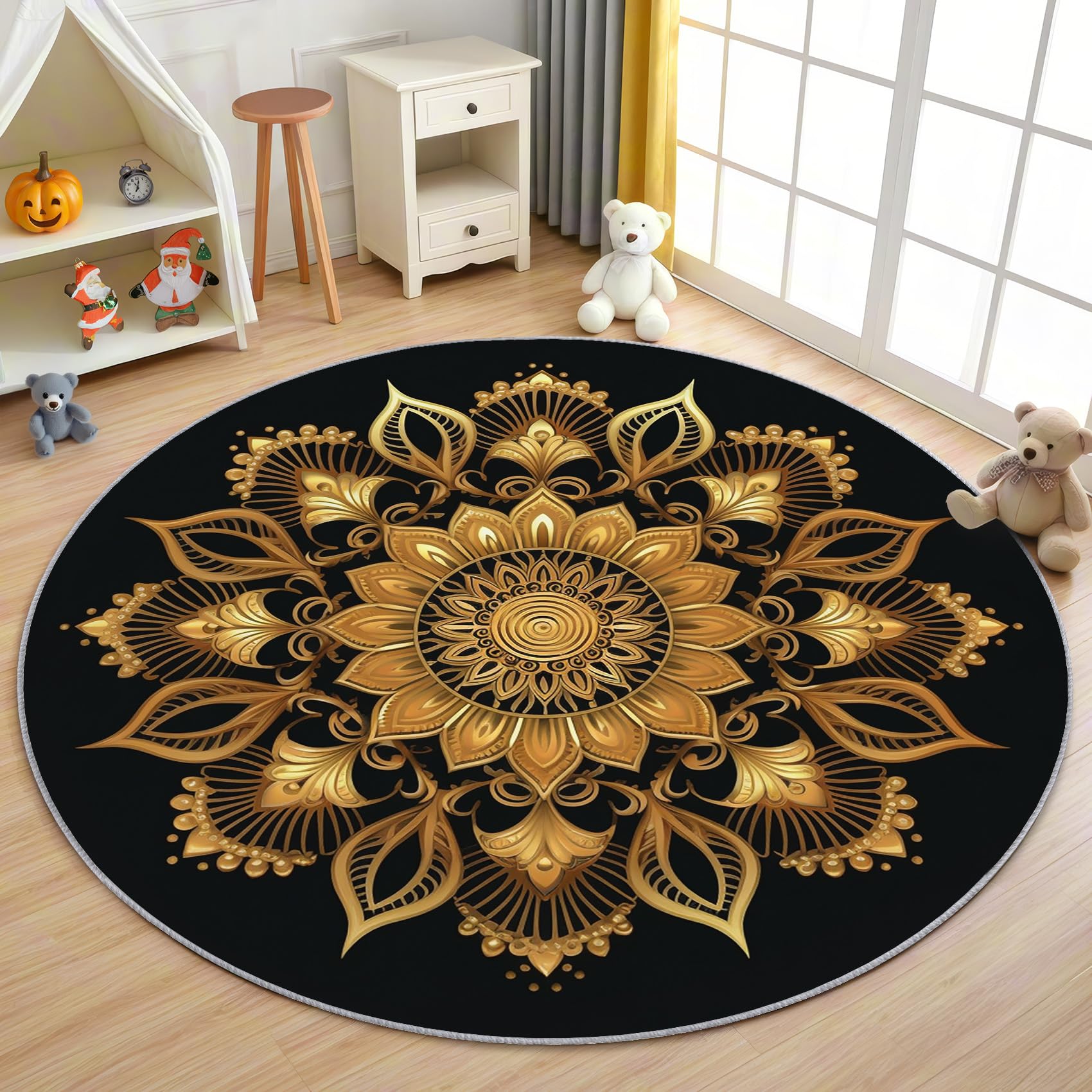 Mandala Teppich Rund 120cm Kurzflor - Waschbare Teppiche Wohnzimmer Schwarz Gold - Runder Teppich 120 Durchmesser Kinderzimmer - Bettvorleger Schlafzimmer rutschfest Weich