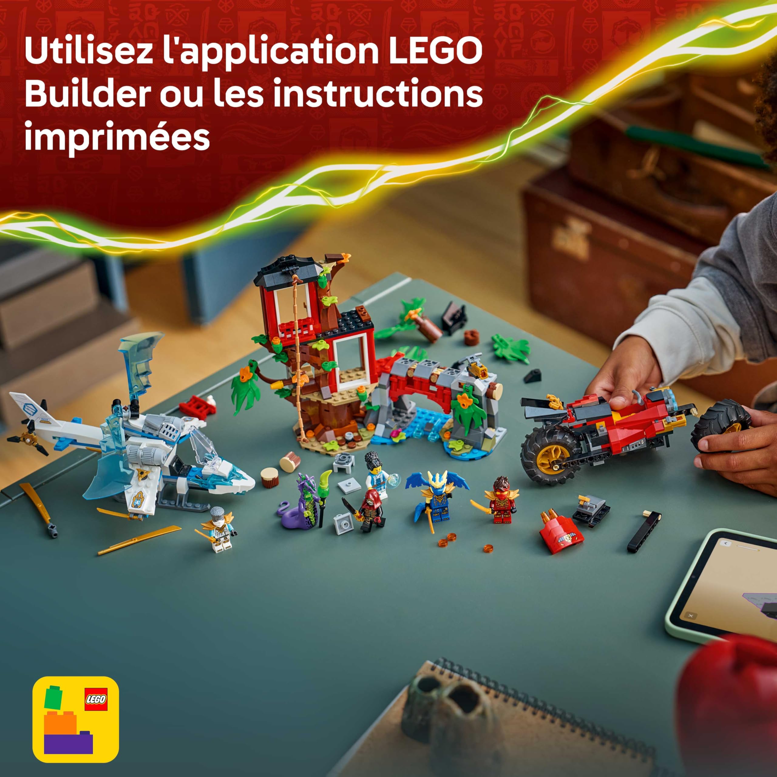 LEGO Ninjago La Cabane et Les Véhicules des Ninjas - Jouet Interactif avec Moto, Hélicoptère, 6 Minifigurines & Sabres - Cadeau pour Garçon dès 7 Ans & Fans 71857
