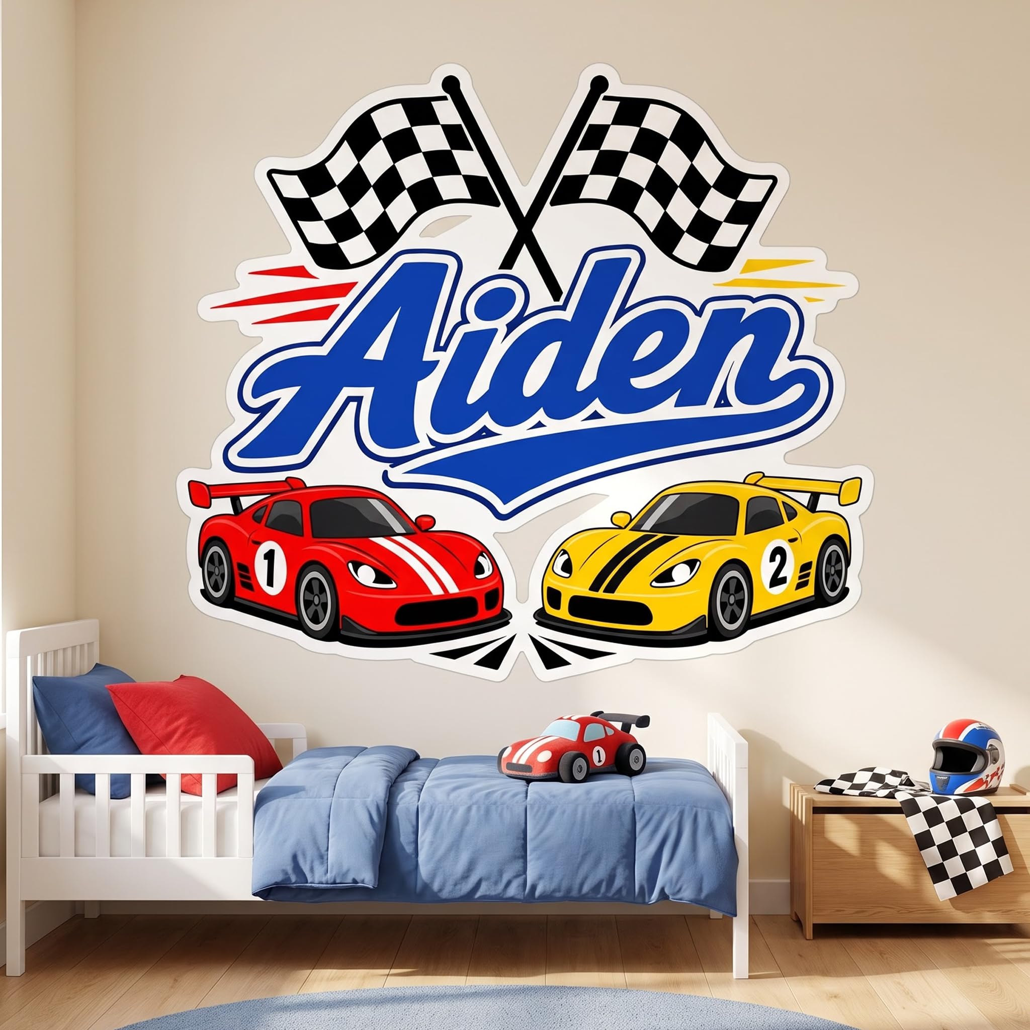 Racing Cars Stickers for Kids Playroom, Personalized Race Car Room Decor Custom Name Decal for Boys Bedroom Nursery Playroom