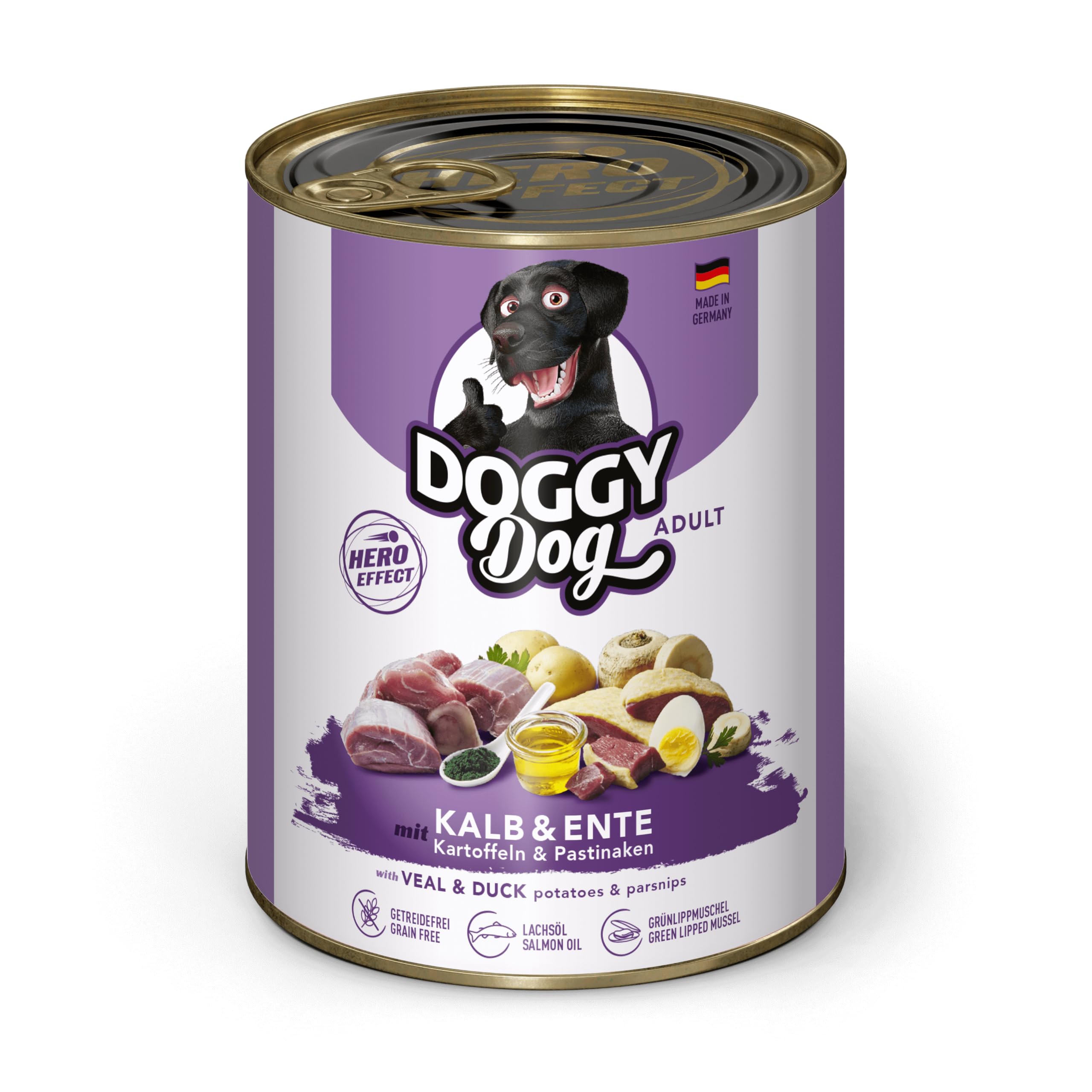Doggy Dog Paté Veau et Canard, 6 x 800 g, Nourriture Humide pour Chien, sans céréales, avec Huile de Saumon et Moule aux orles Vertes, Aliment Complet avec Pommes de Terre et panais, fabriqué en