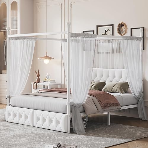 Queen Size Metal Canopy Platform Bed with Upholstered Headboard and 2 Storage Drawers, 4-Poster Canopied Bed for Kids Teens Adult Bedroom, No Box Spring Needed